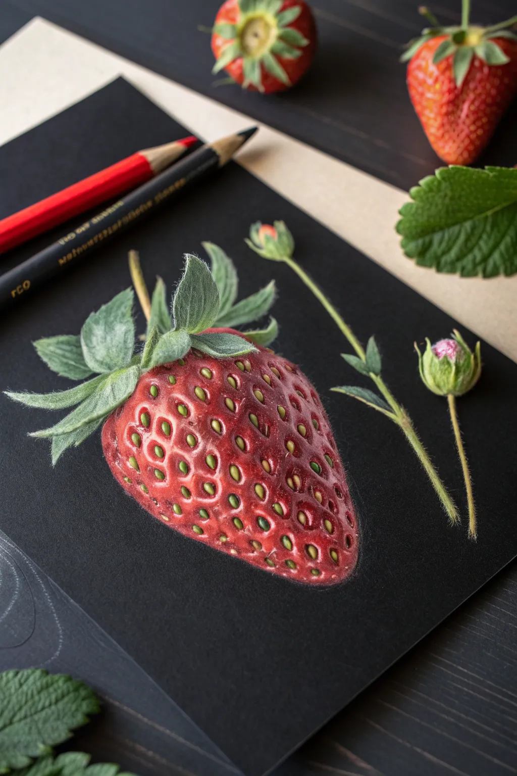 Captivating contrasts: A vibrant strawberry sketch on black paper, where artistry meets natural allure.