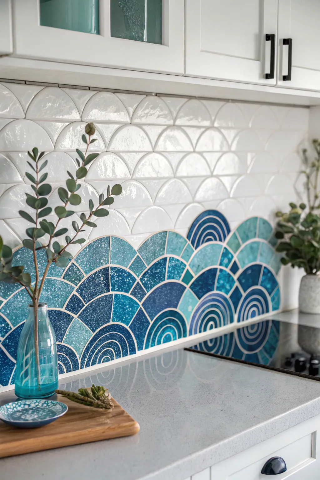Dive into serenity with an ocean-inspired blue mosaic backsplash, where tranquility meets minimalist elegance.