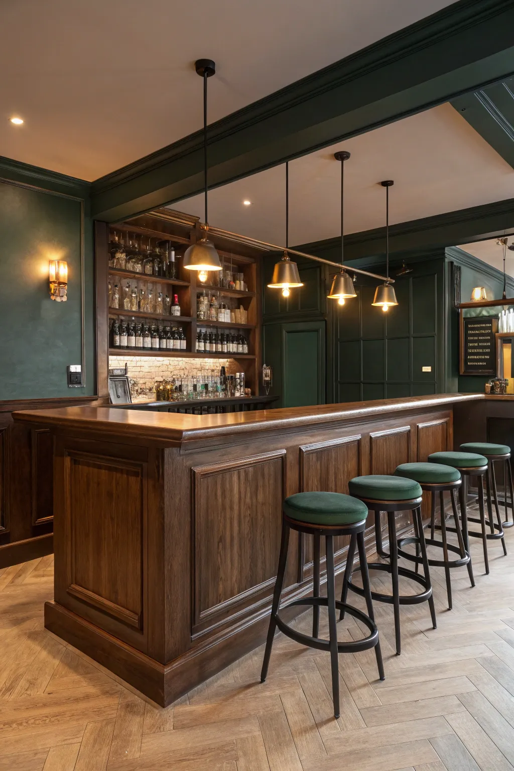 Achieve minimalist elegance with clean lines and neutral tones, creating a serene and sophisticated bar space.