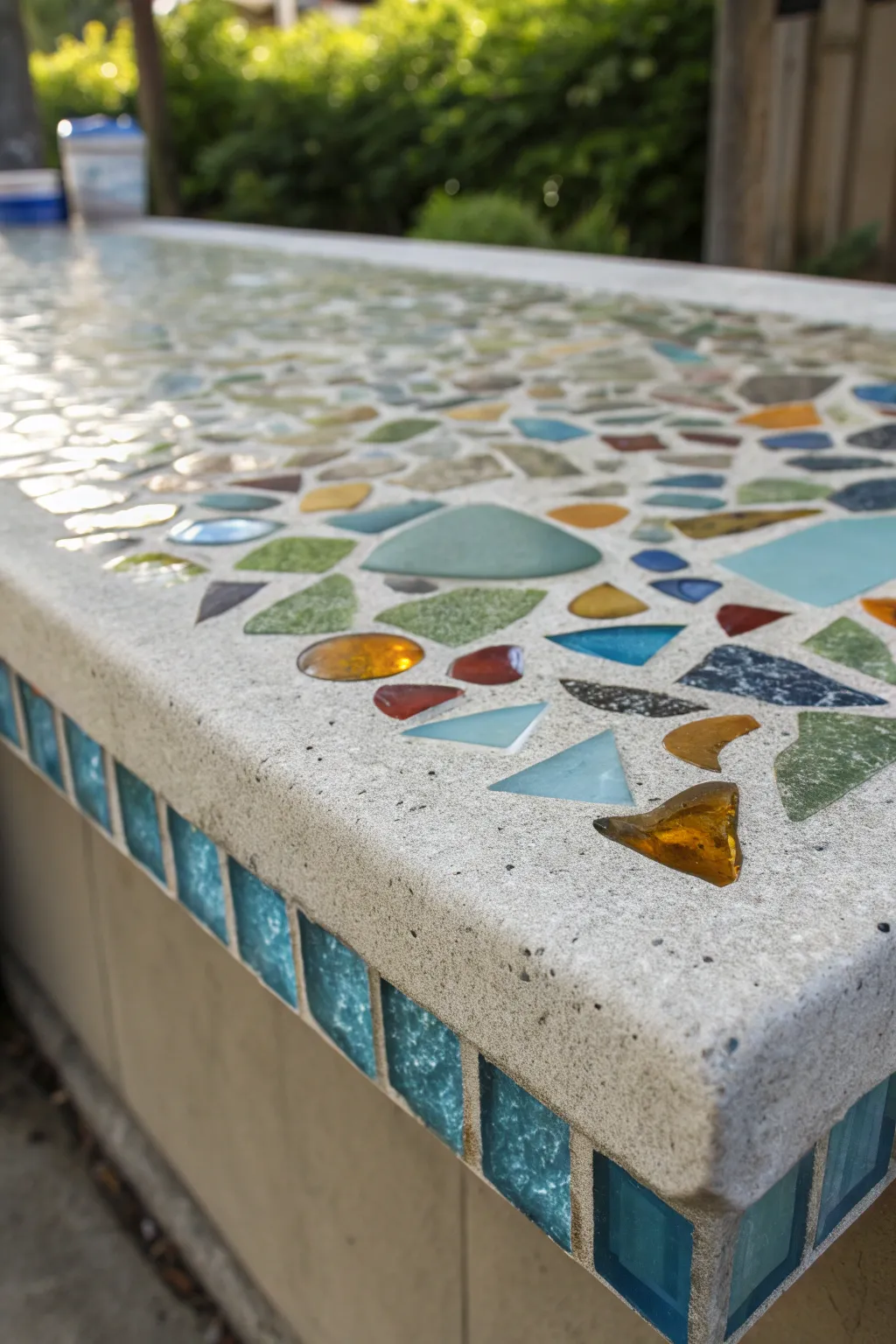 Transform your space with a stunning mosaic of colorful glass inlays on a concrete countertop.