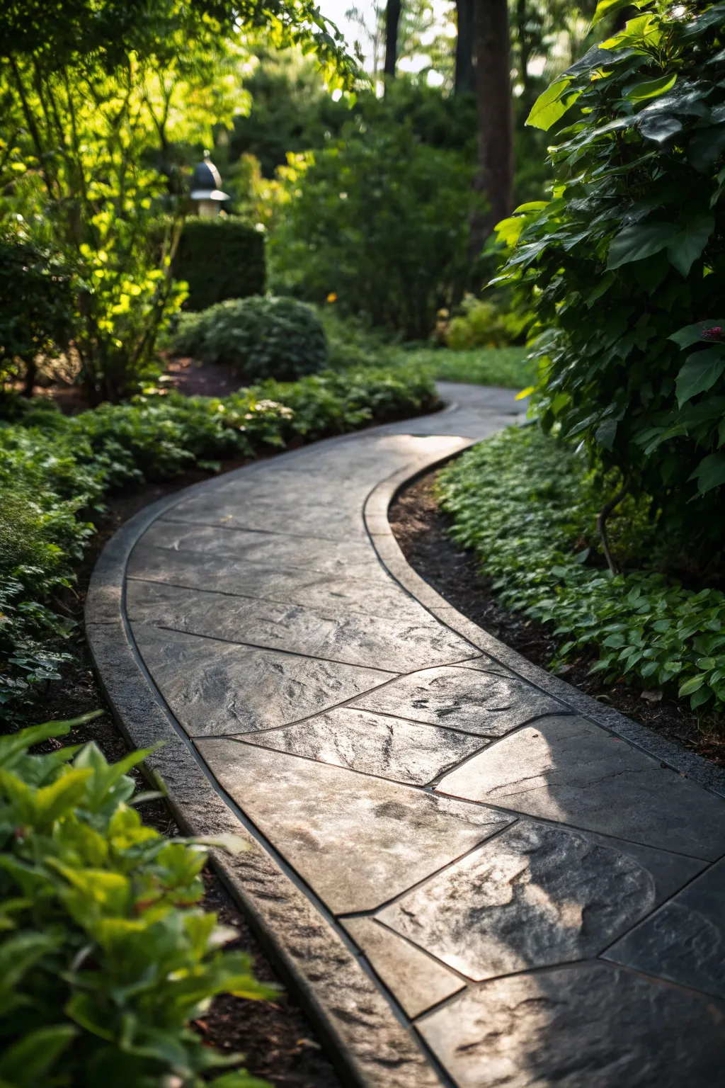 Elevate your home's exterior with the timeless elegance of charcoal-stained concrete pathways.