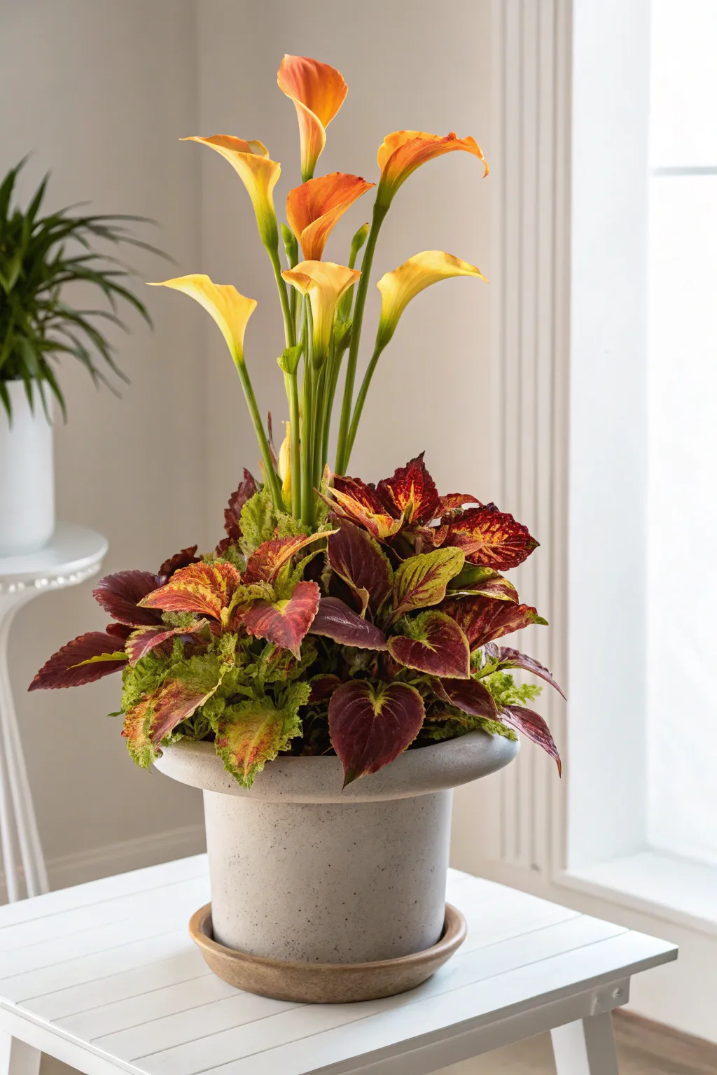 Bring a burst of vibrant color to your space with this stunning canna lily and coleus combination.
