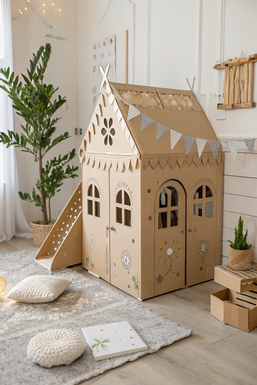 Transform imagination into reality with this charming cardboard playhouse, where simplicity meets creativity.