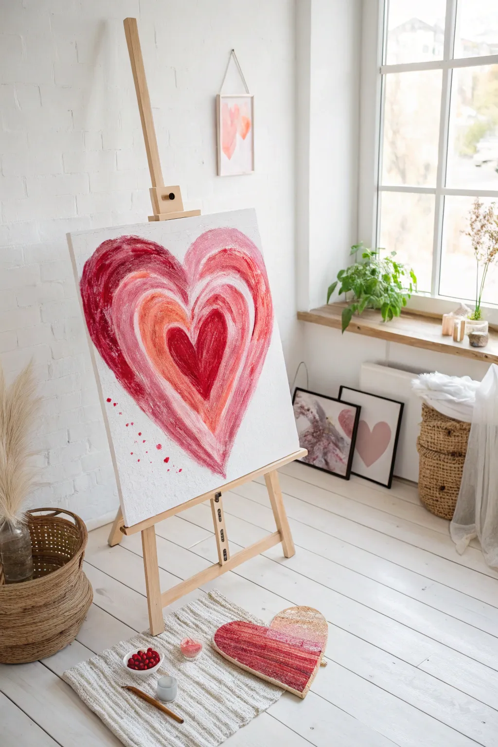 Express your passion with abstract heart art in bold reds and pinks, perfect for a minimalist touch.