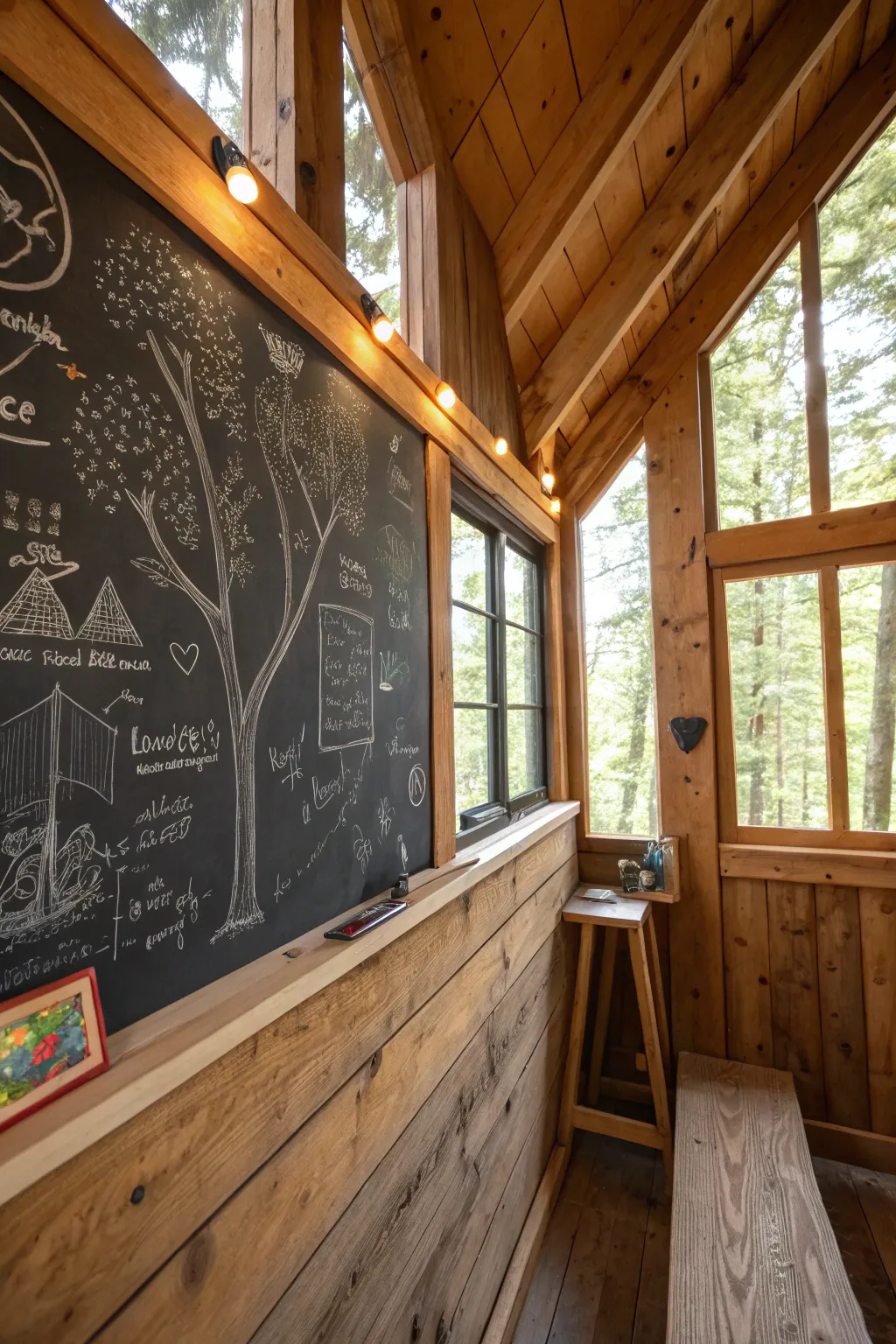 Unleash your creativity with a handcrafted chalkboard wall in your treehouse sanctuary.