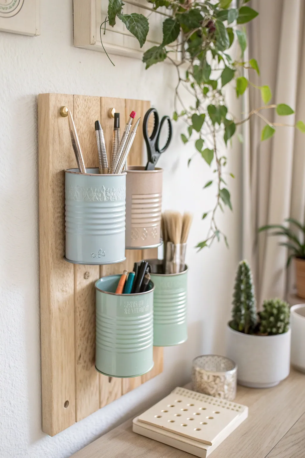 Transform tin cans into chic wall organizers for a touch of minimalist elegance.