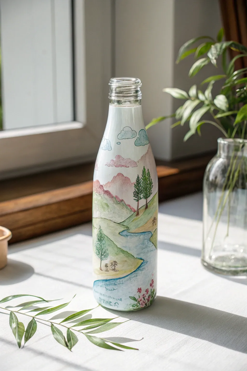 Discover the magic of bottled landscapes – a whimsical watercolor world captured in glass.