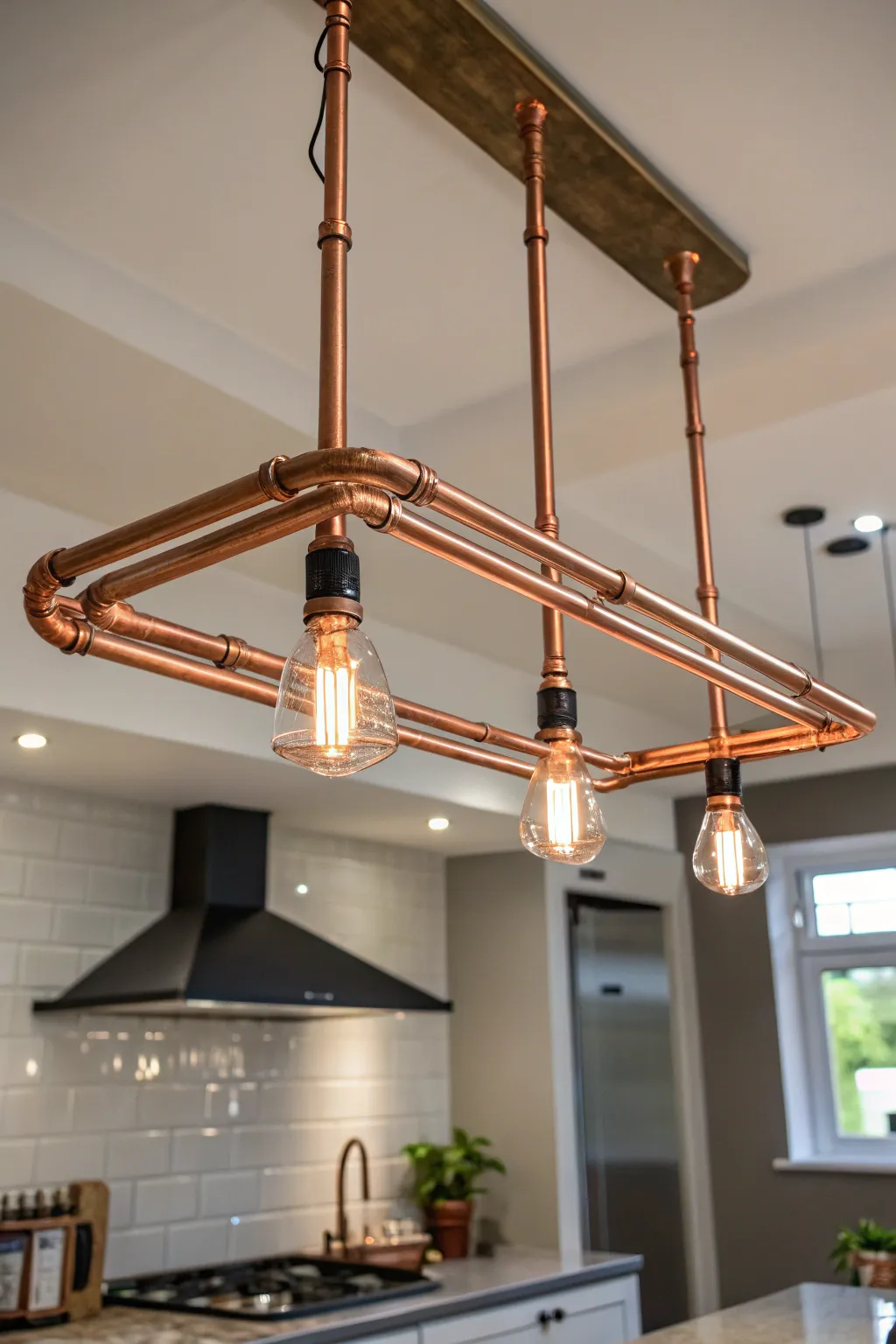 Illuminate your space with the warm, industrial charm of a handcrafted copper pipe pendant light.