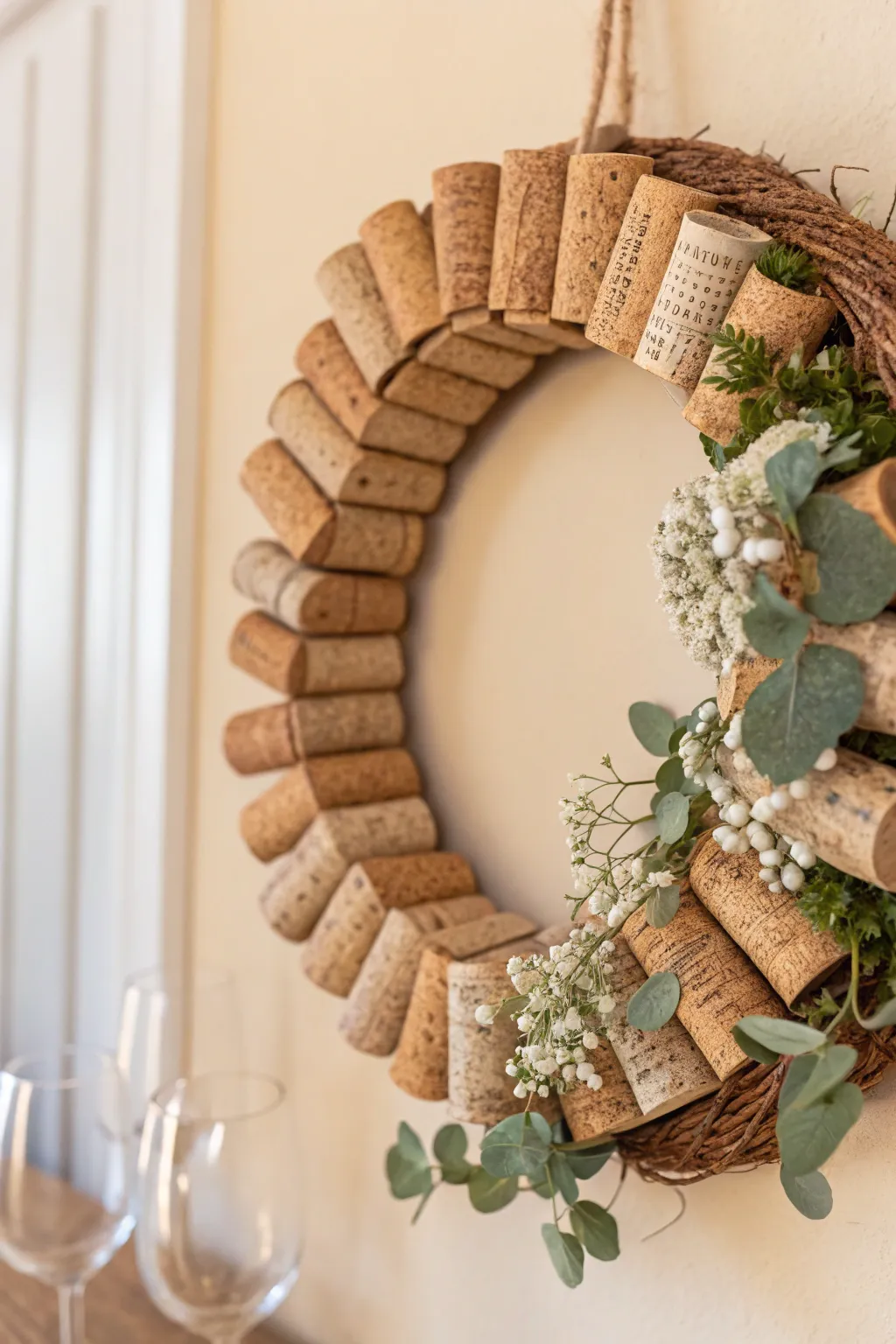 Elevate your decor with this stunning vertical cork wreath, where simplicity meets elegance in a Scandinavian-Boho fusion.