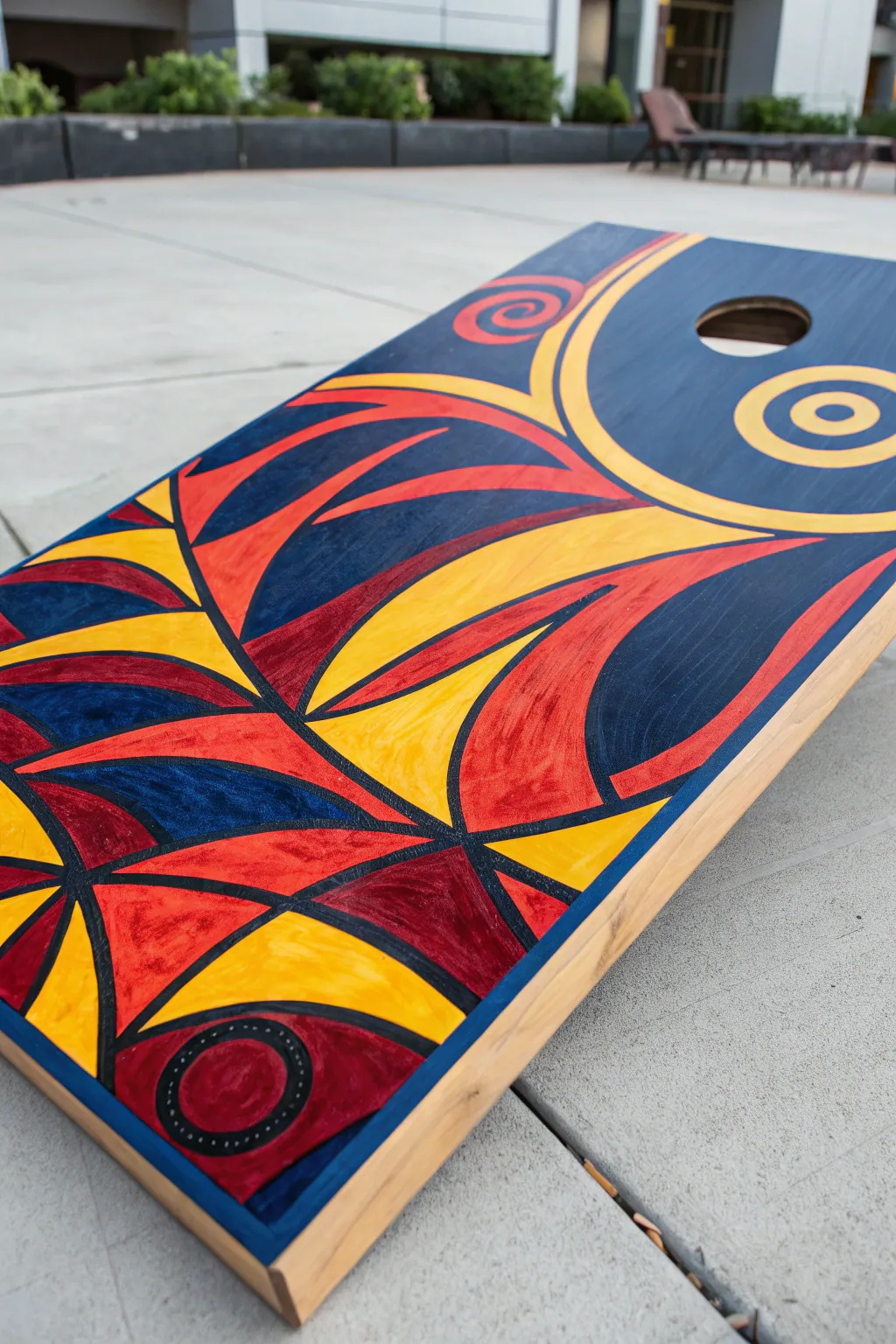 Turn heads with a cornhole board that doubles as a masterpiece of abstract art.