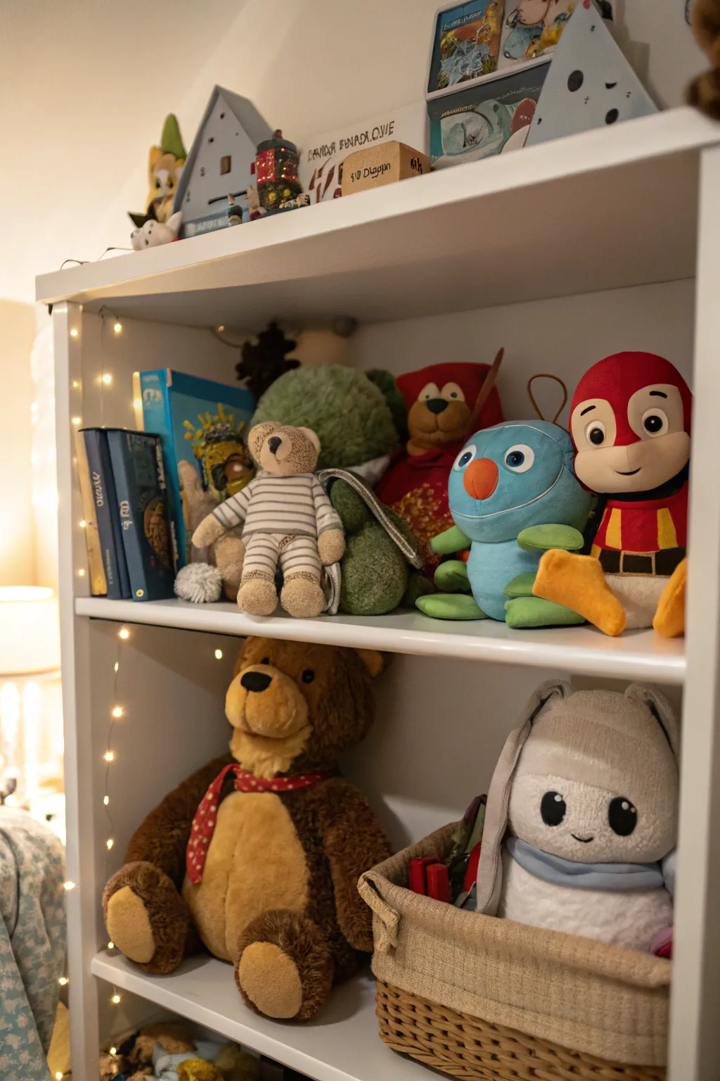 A shelf brimming with plush toys adds charm and comfort to the bedroom.