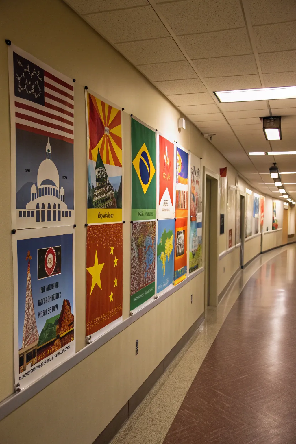 Cultural symbol posters adding a personal touch to a hallway.