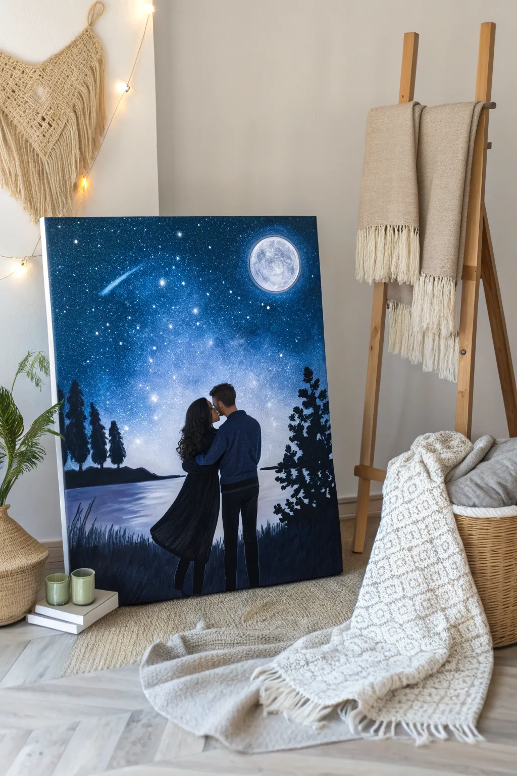 Embrace the magic of a starry night with this romantic couple's painting idea.