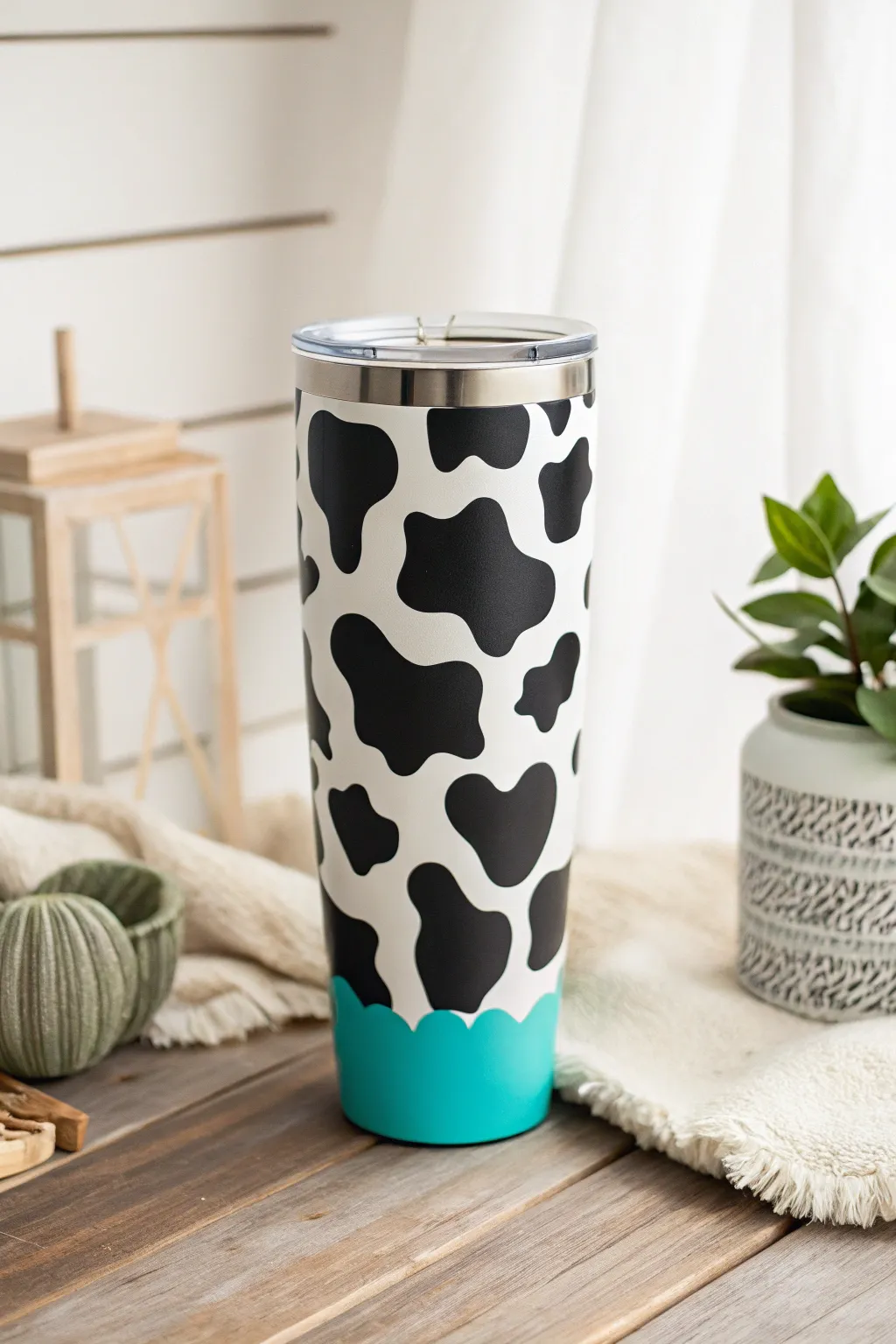 Embrace a touch of turquoise for a vibrant twist on timeless cow print elegance.