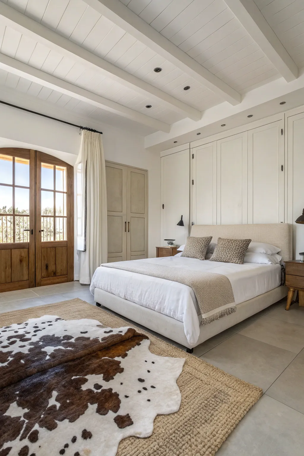 Minimalist bedroom with a cowhide rug adding subtle texture.