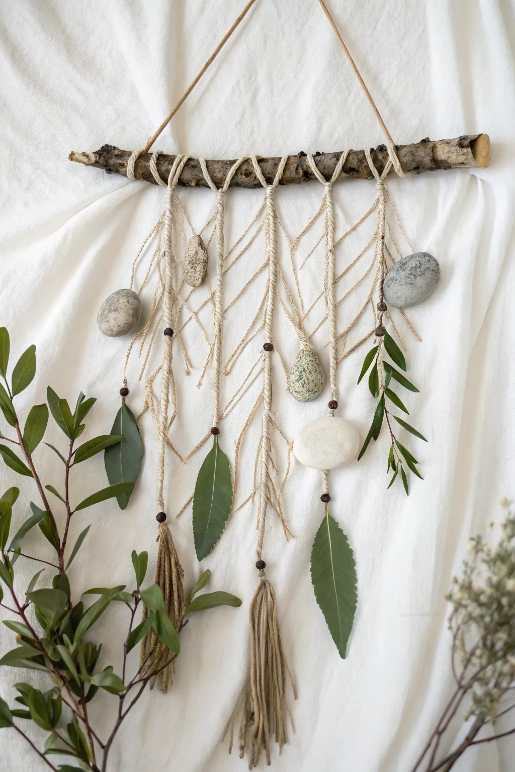 Embrace the beauty of nature with this minimalist wall art, crafted from twigs, leaves, and stones.