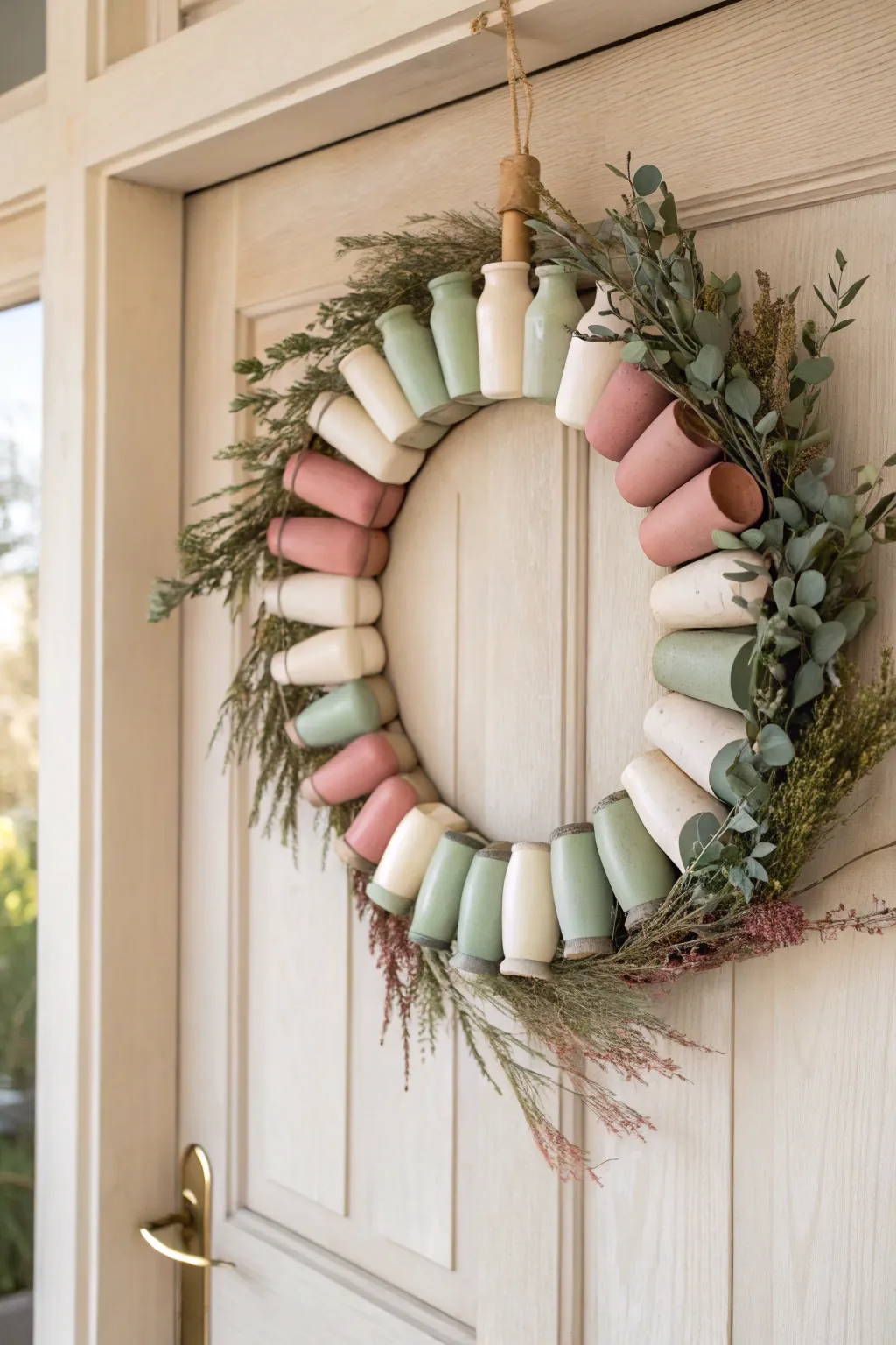 Transform plastic into festive elegance with this minimalist wreath made from upcycled bottle bottoms.
