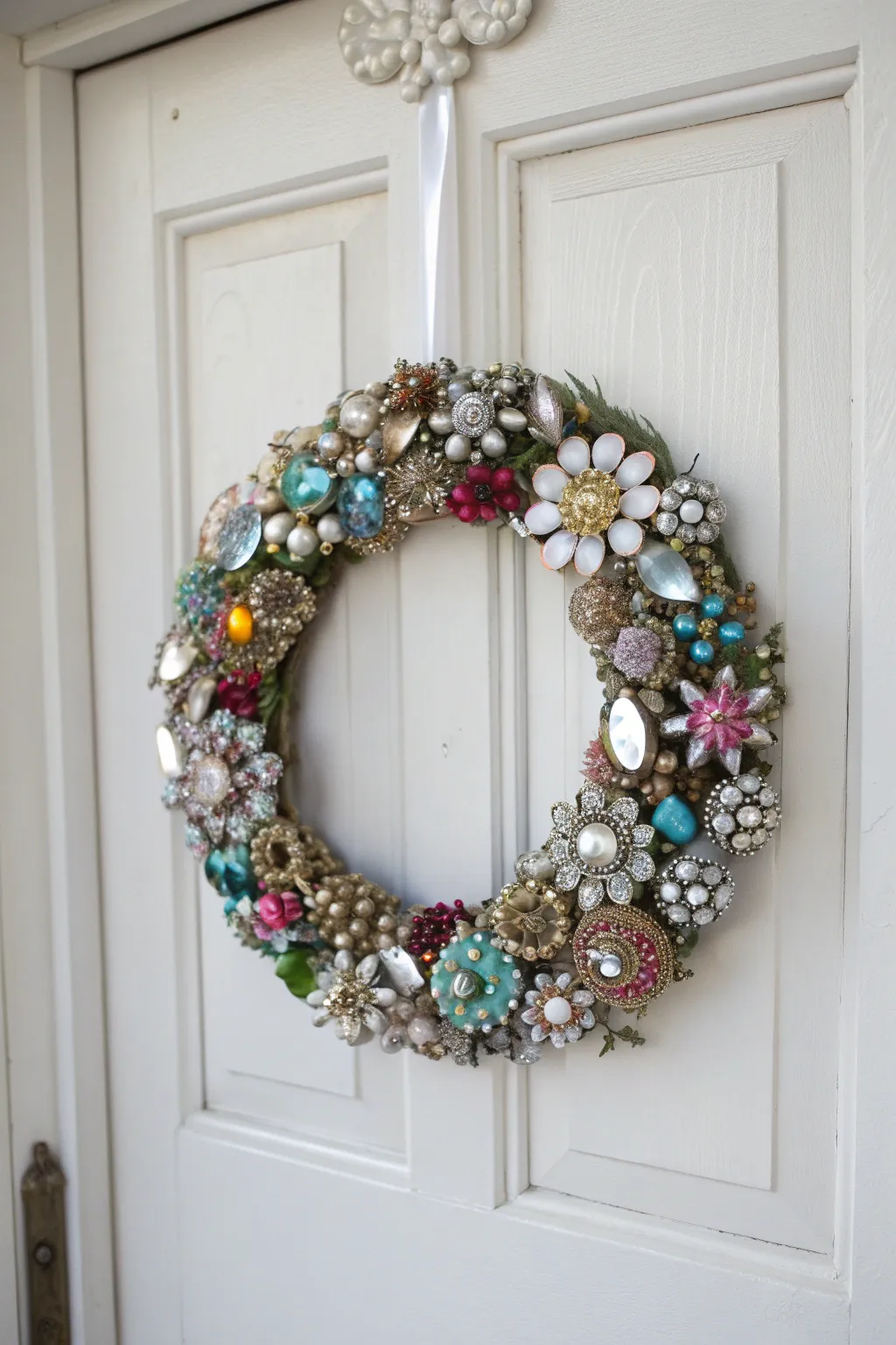 Add a touch of vintage elegance to your entryway with a dazzling jewelry wreath.