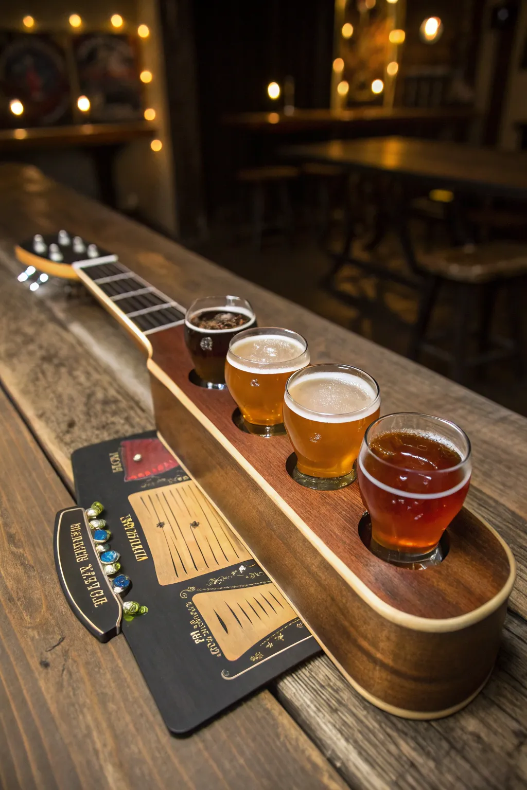 Strum the perfect note at your tasting event with this guitar-shaped beer flight board.