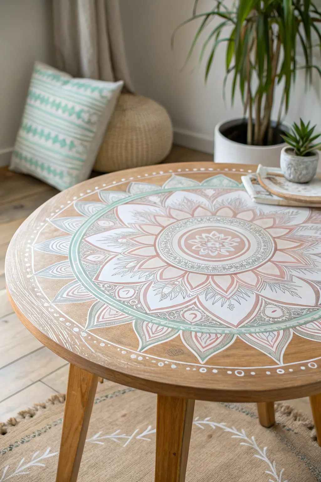 Transform your space with the serene elegance of a mandala-painted tabletop, where craftsmanship meets creativity.