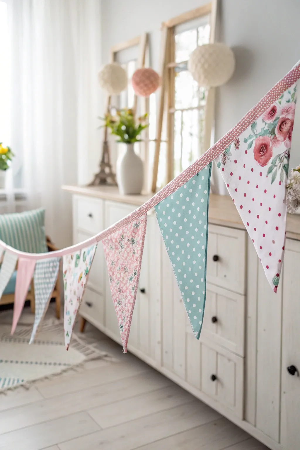 Add a touch of whimsy with this delightful fabric bunting, perfect for enhancing any minimalist space with a festive flair.