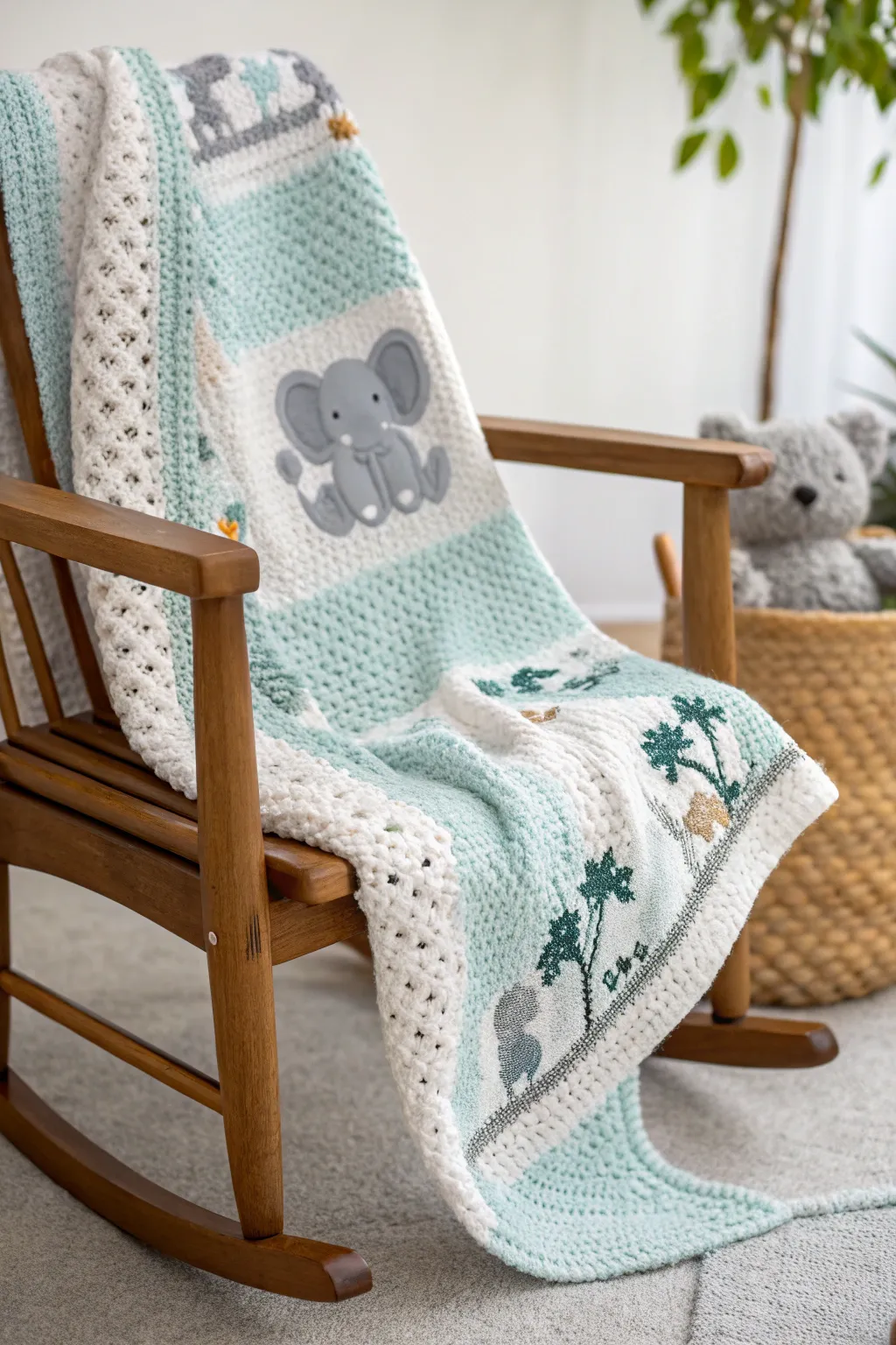 Charming crochet: A cozy, animal-themed baby blanket perfect for your little one's nursery.