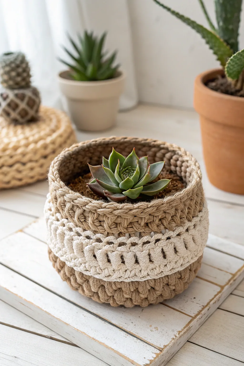 Elevate your greenery with the artisanal charm of a crochet plant basket.