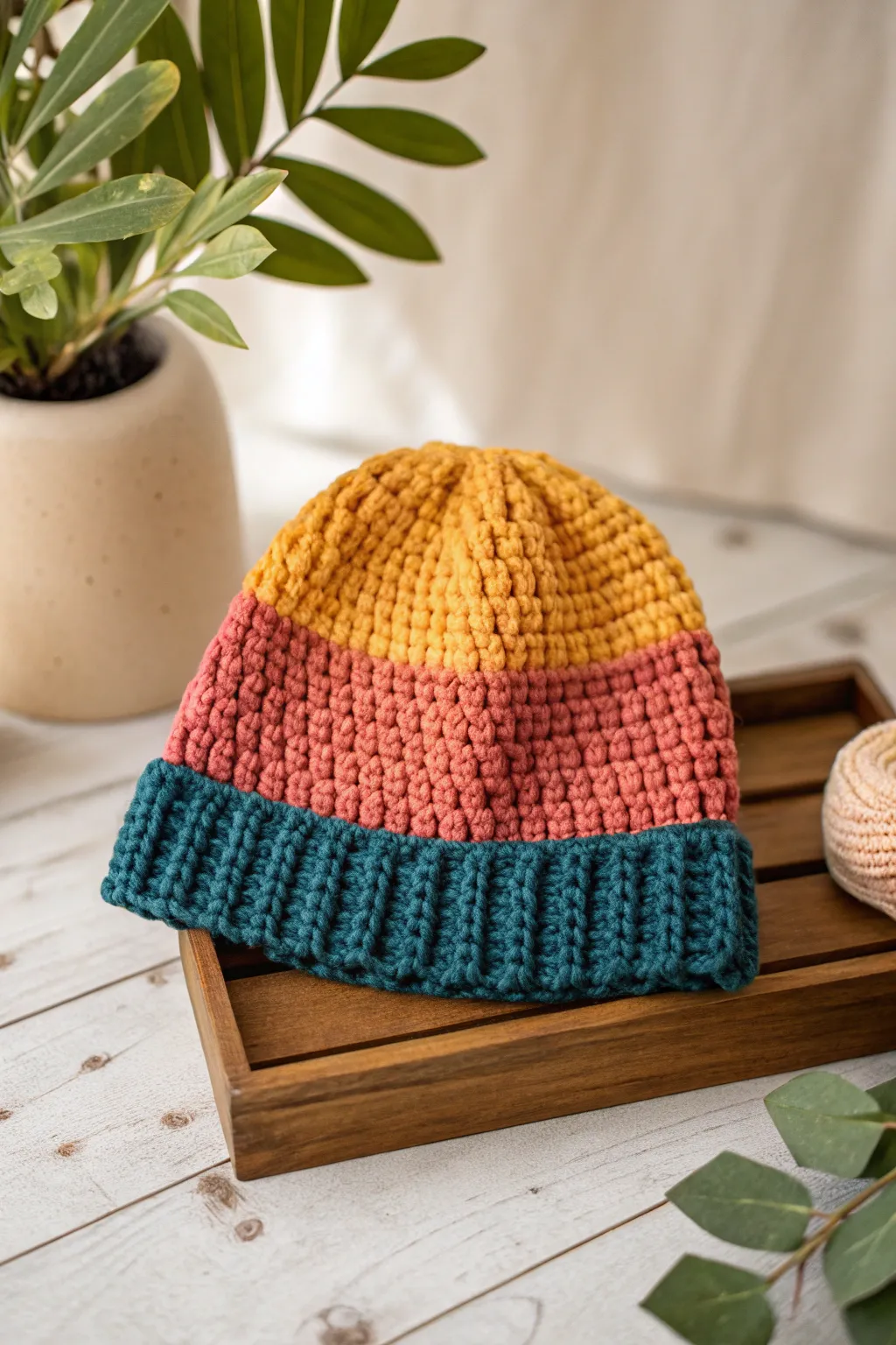 Brighten your winter days with a vibrant color block crochet beanie – a perfect blend of bold hues and minimalist charm.