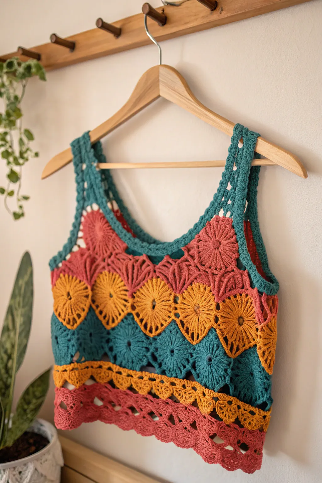 Embrace summer vibes with this beautifully crafted crochet crop top, where bold colors meet intricate patterns.