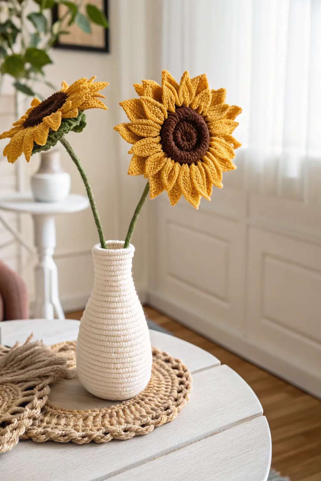 Bring a touch of sunshine indoors with this handcrafted crochet sunflower, perfect for adding warmth and cheer to any minimalist space.