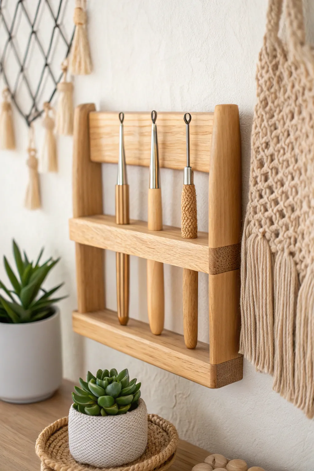 Elevate your craft space with a Scandinavian-inspired crochet hook display that marries functionality with artistic flair.