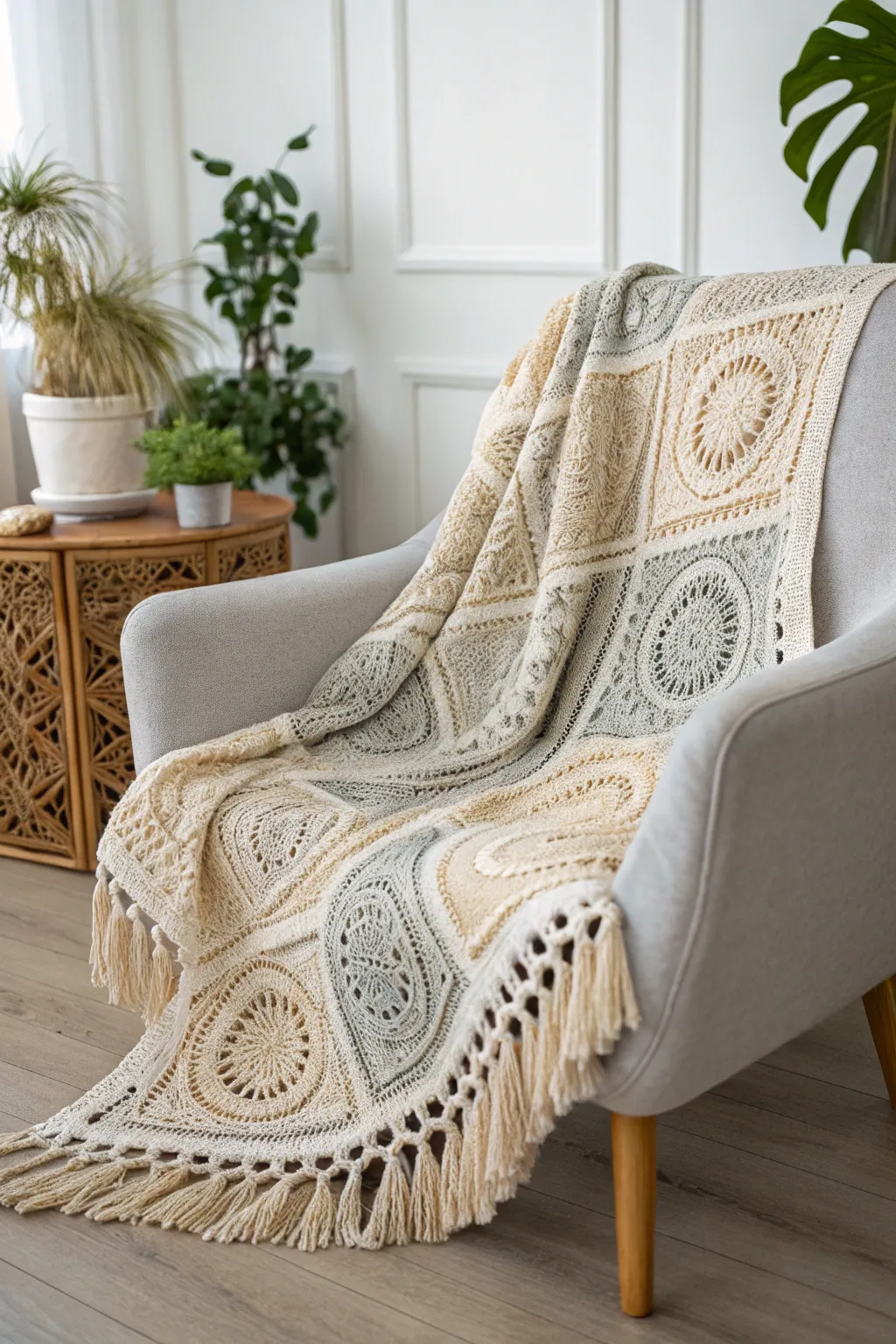 Snuggle up in the warmth of handmade elegance with this cozy crochet blanket. Perfect for adding a touch of artisanal charm to your minimalist space.