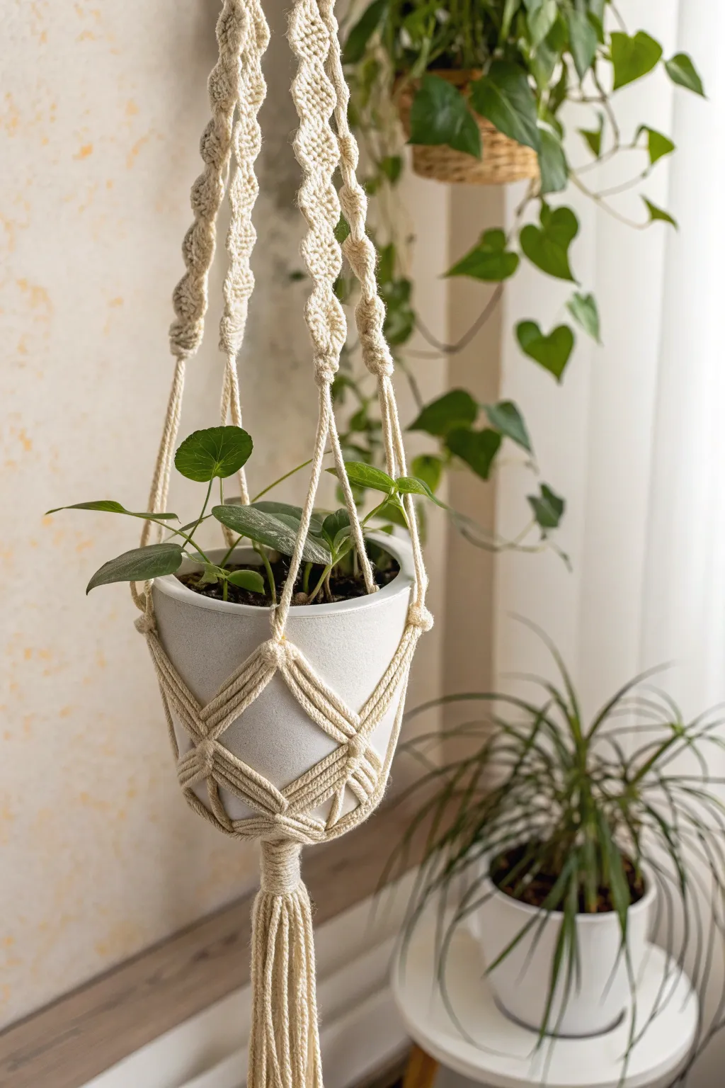 Elevate your space with the natural charm of a rustic crochet plant hanger.