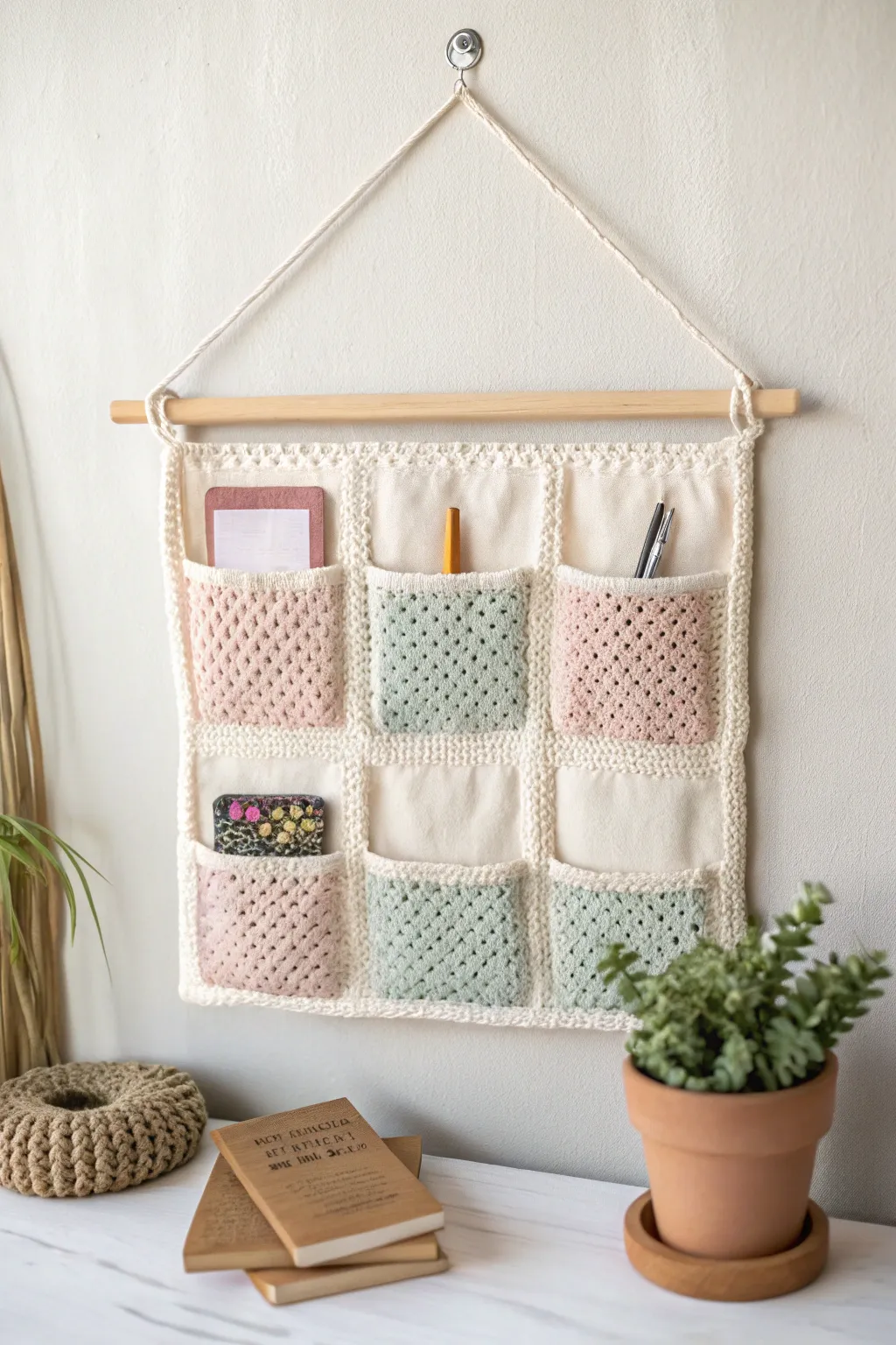 Elevate your craft space with a chic crochet wall organizer that embodies simplicity and style.