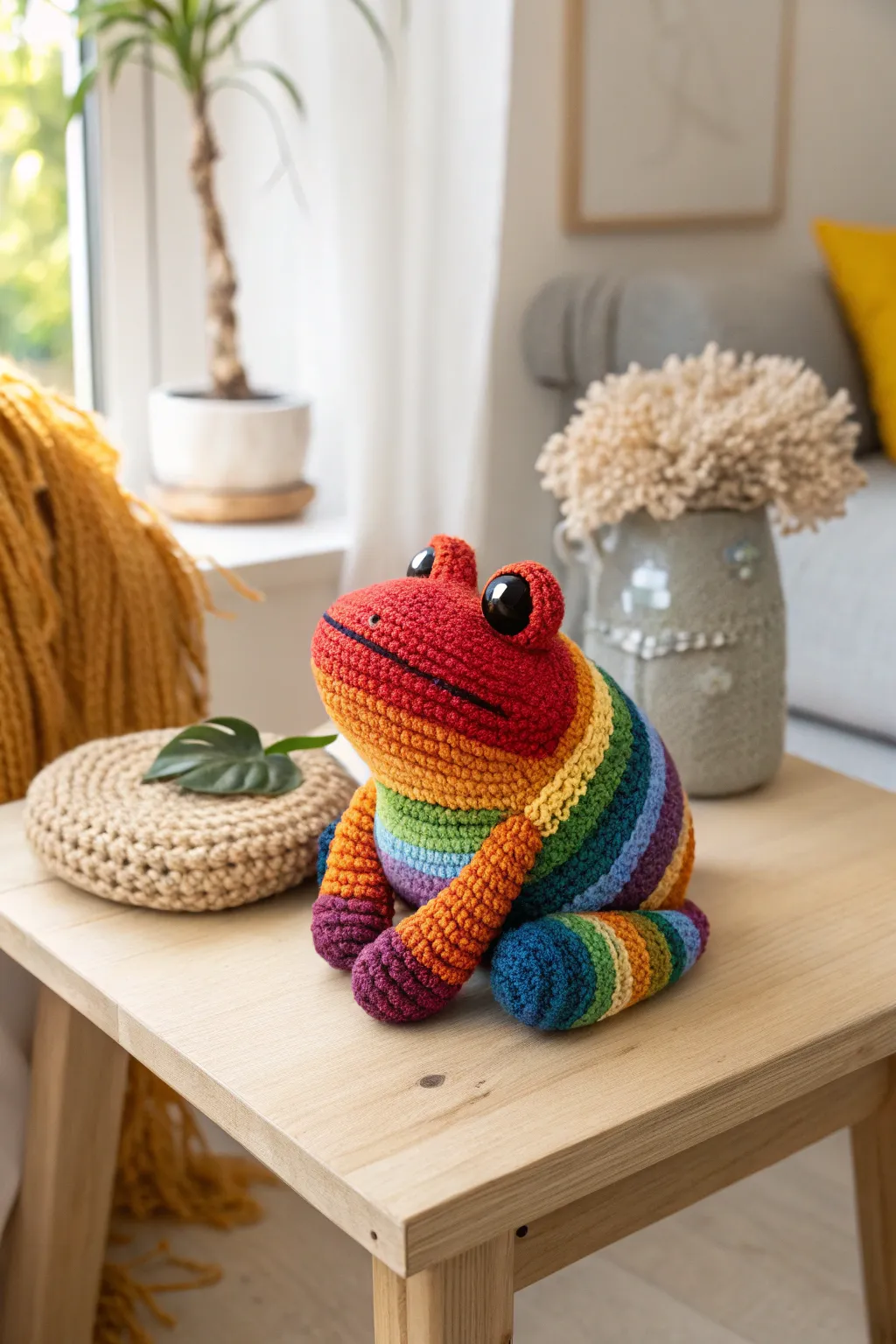 Add a splash of color to your space with this charming crocheted rainbow frog, a perfect blend of minimalist design and bohemian flair!