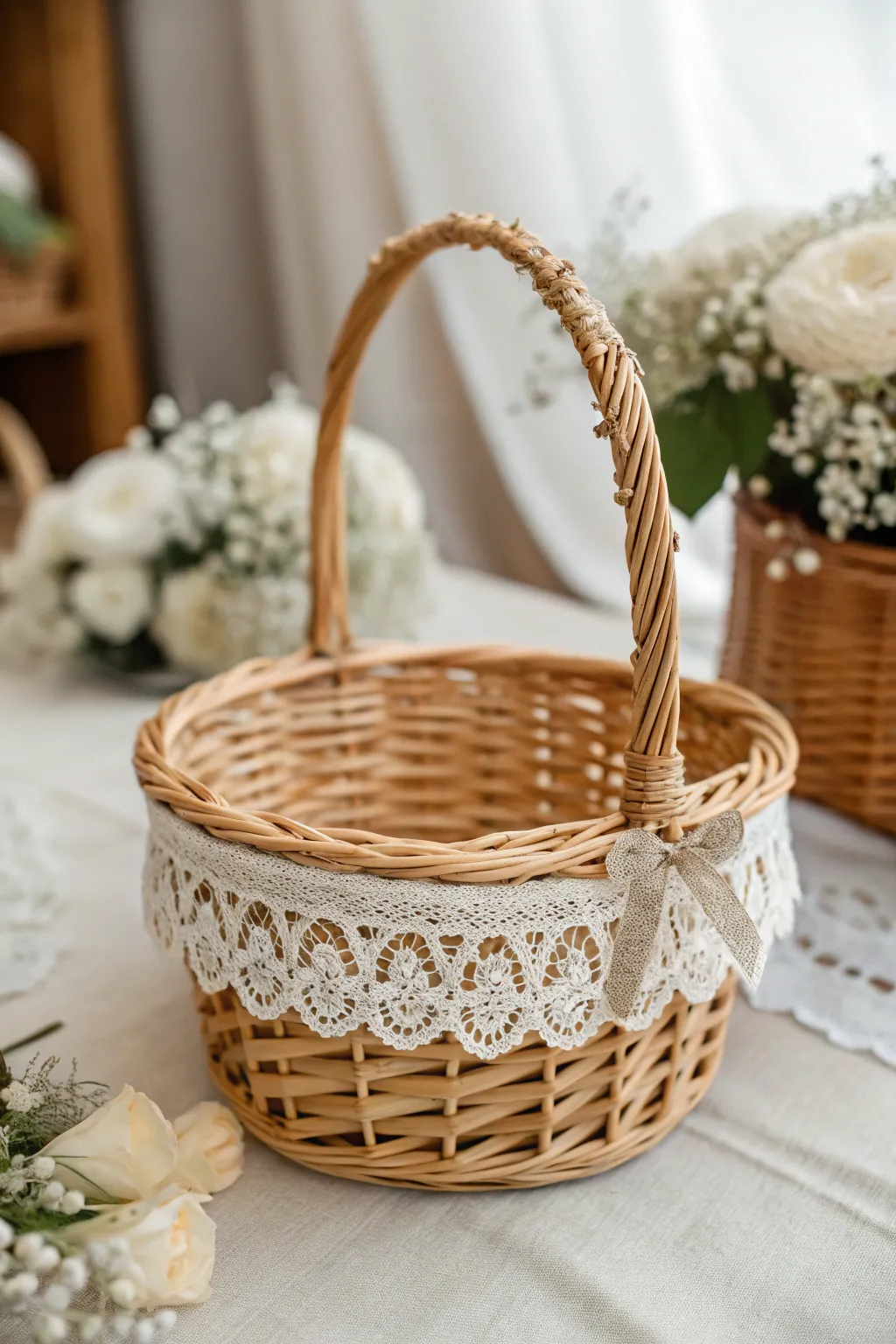 Enchant your wedding with the timeless elegance of crochet-adorned flower girl baskets.