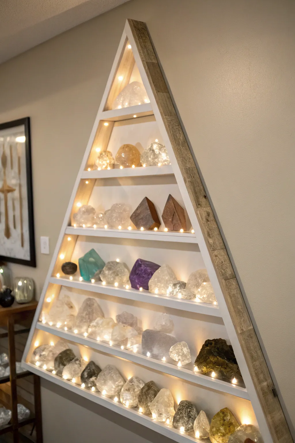 Pyramid-shaped shelves offering a creative way to display crystals.