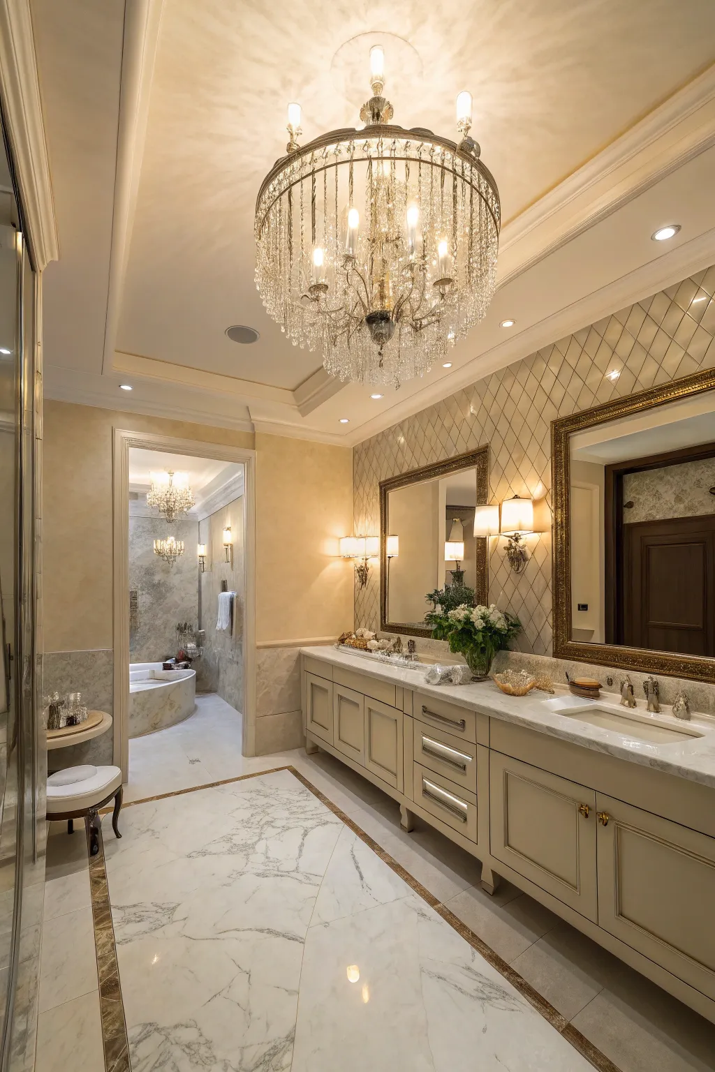 Chandeliers add a touch of elegance and warmth to any bathroom.