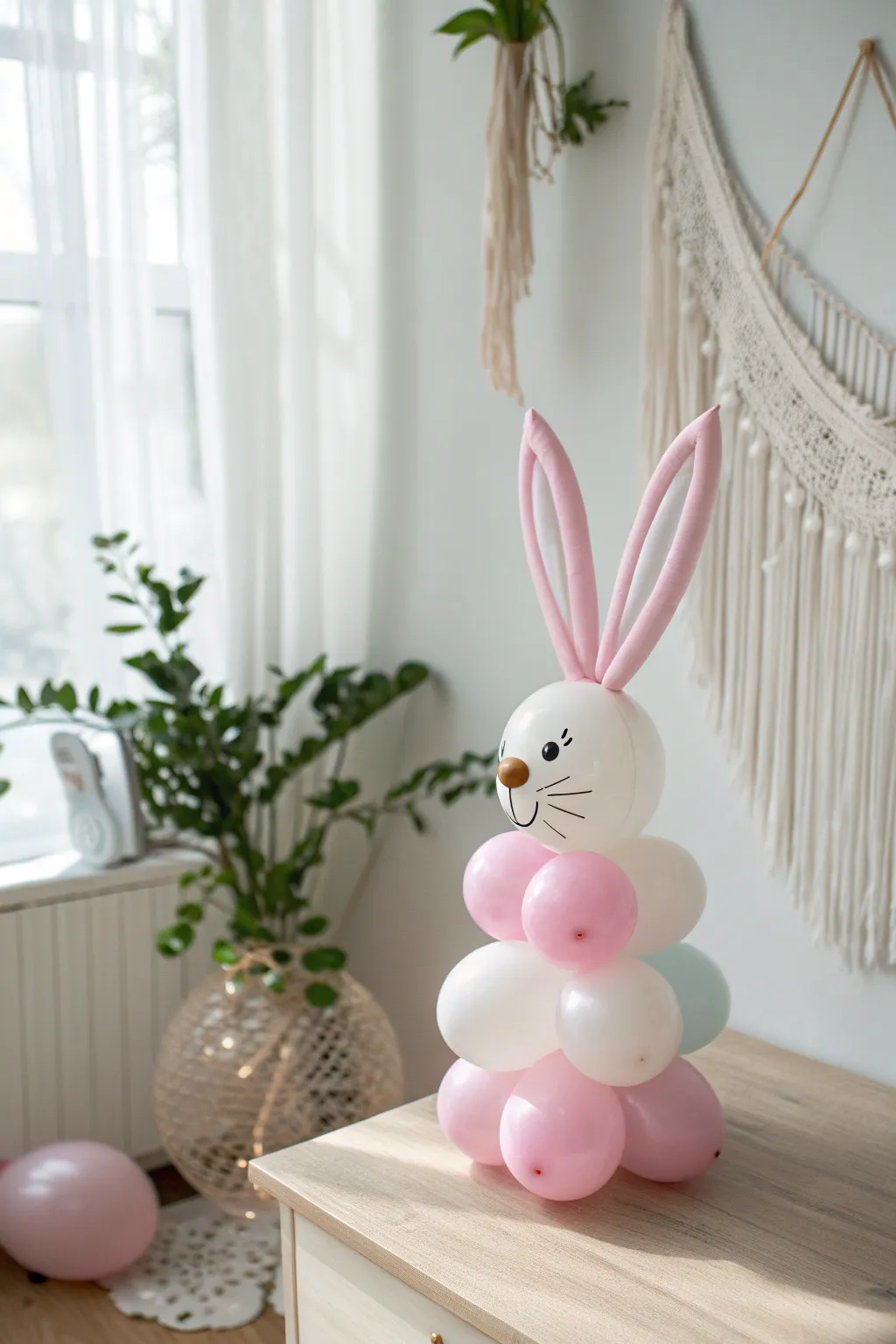Delight in the simplicity of spring with this adorable balloon bunny, a perfect blend of Scandinavian minimalism and Boho charm.