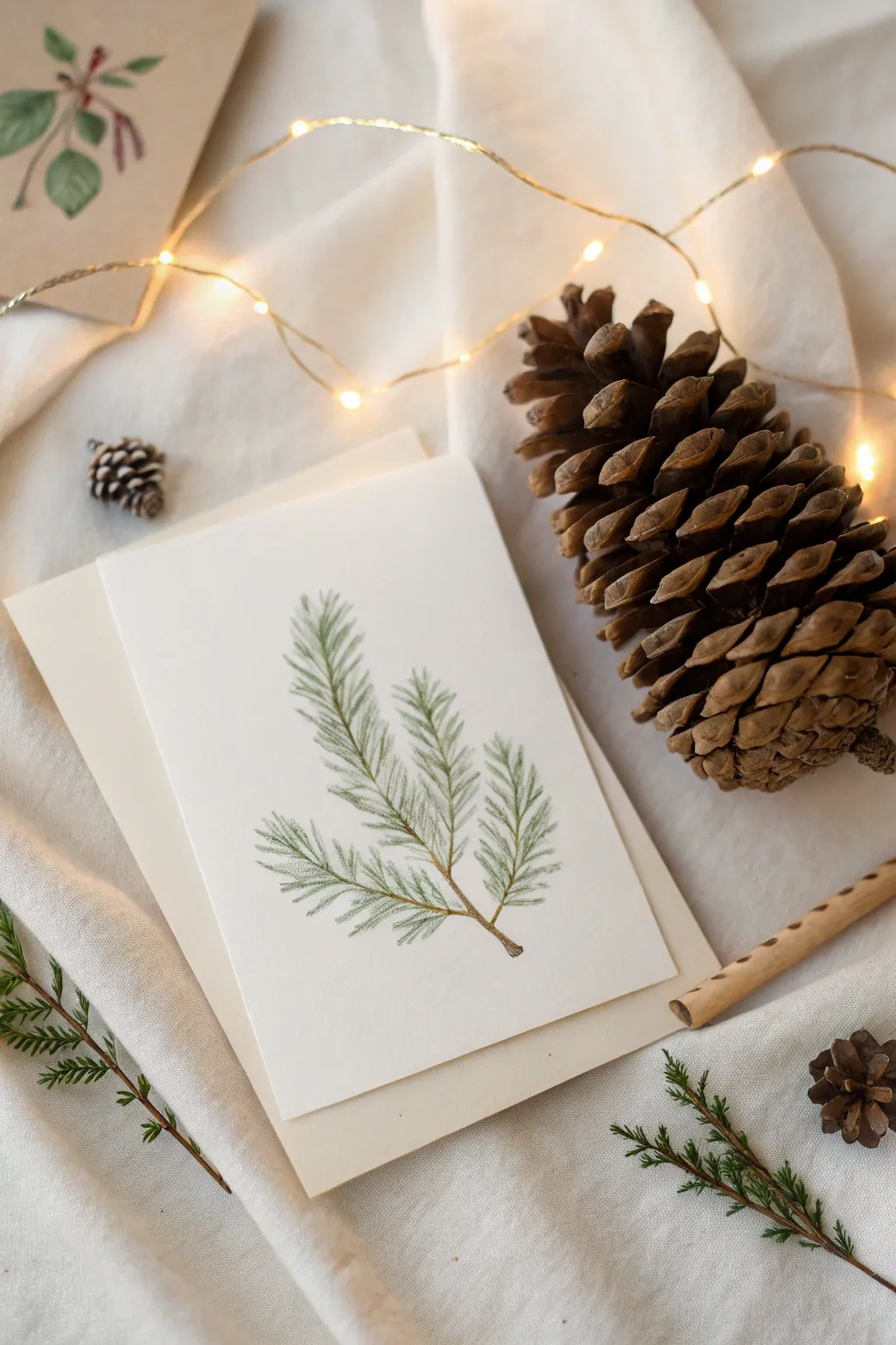 Embrace the season with nature's charm: a pine cone and leaf card that brings rustic elegance to your holiday greetings.