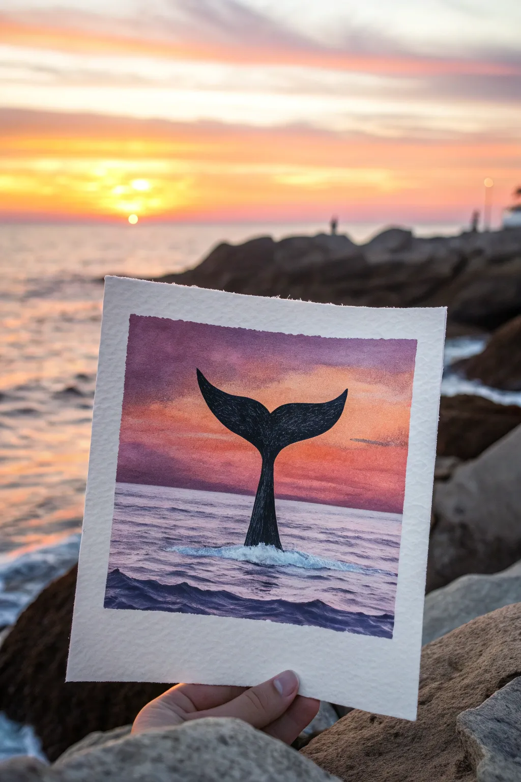 Capture the serene beauty of a sunset with this stunning whale tail silhouette—perfect for a minimalist art lover!