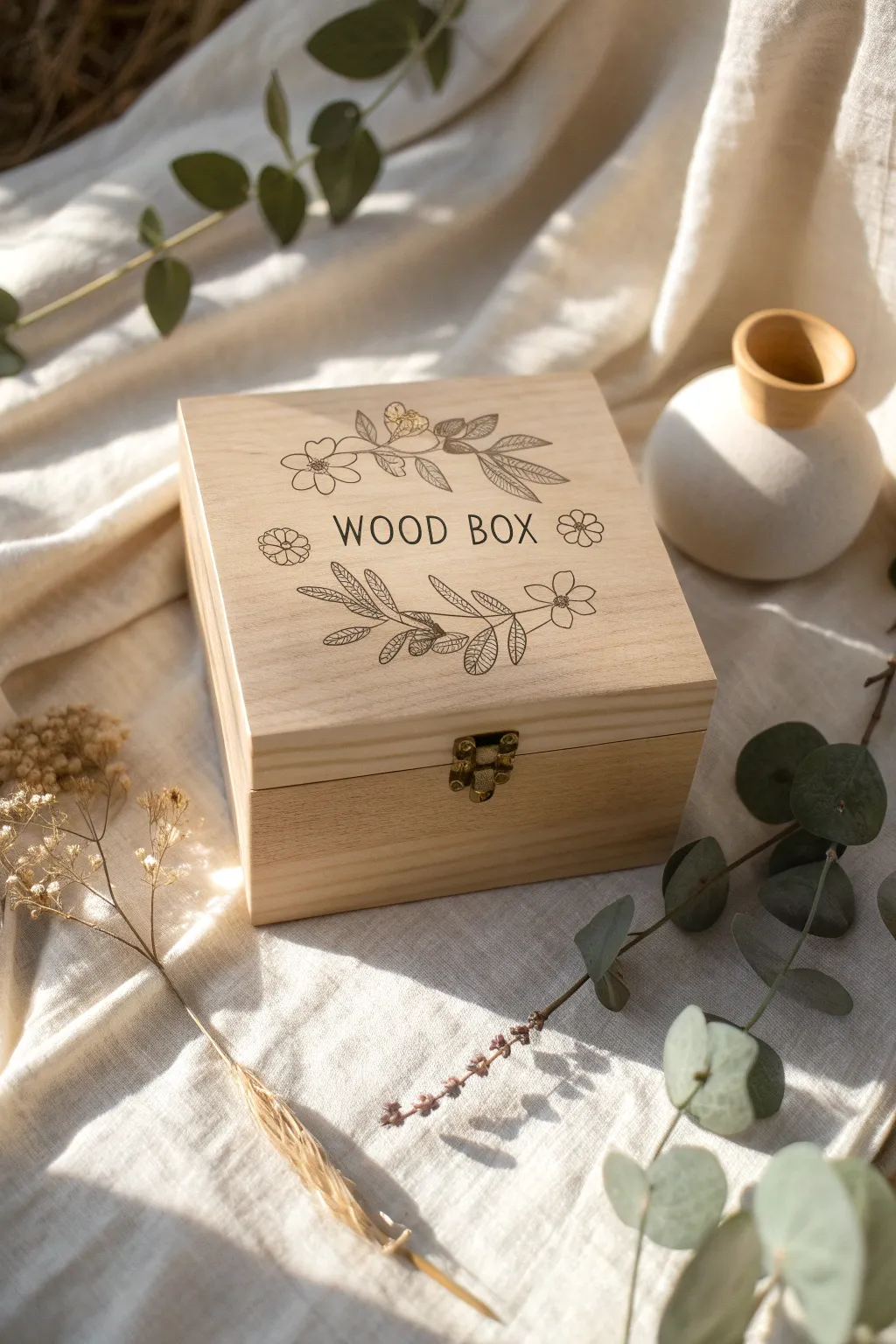 Transform your box into a personalized masterpiece with delicate stencil designs and initials, embodying the essence of natural beauty and simplicity.