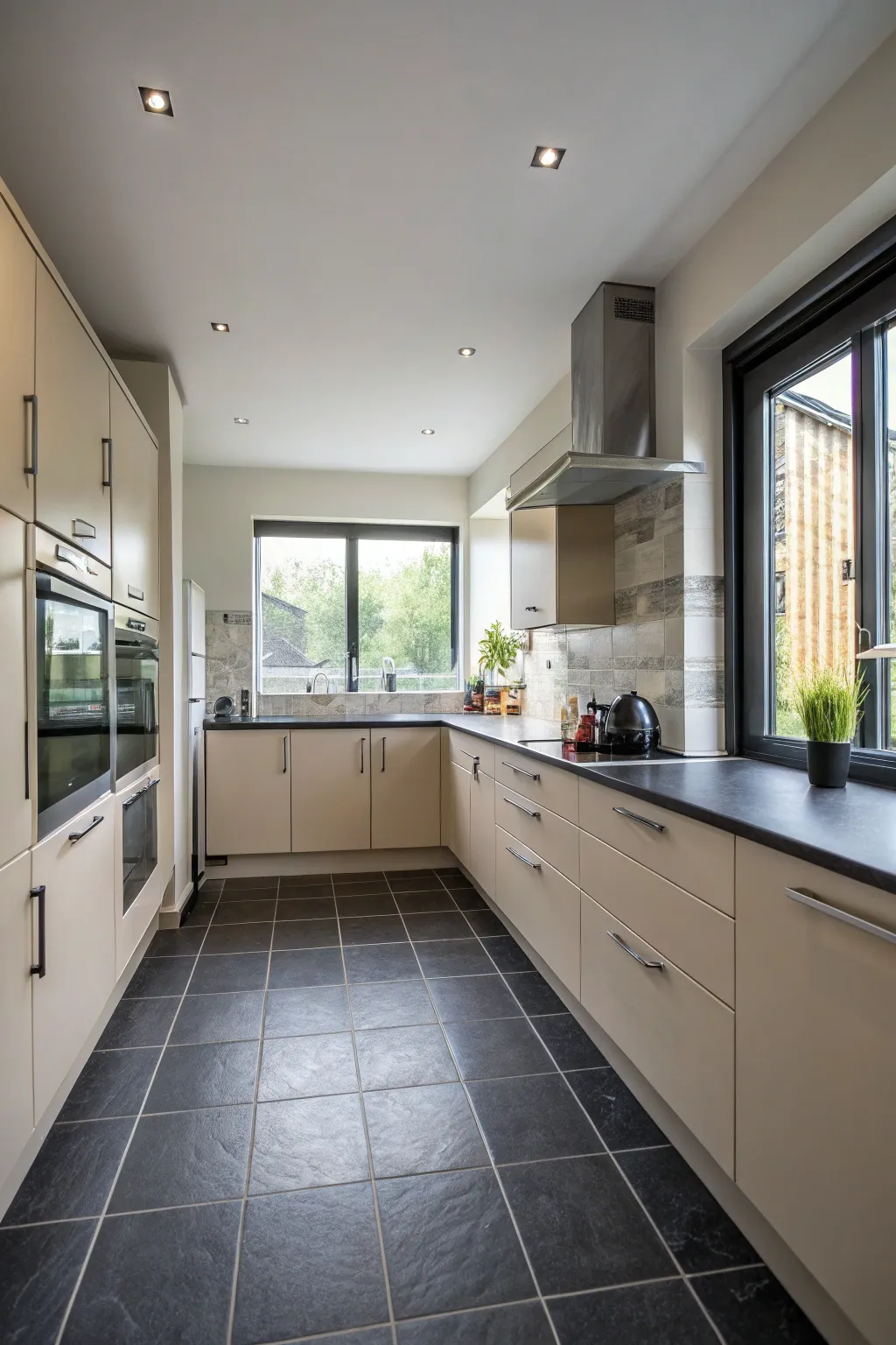 A chic kitchen with stylish dark tiles.