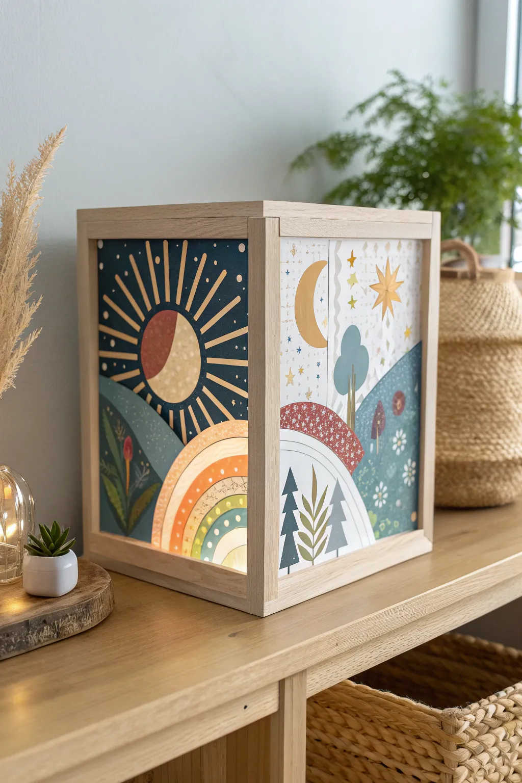 Illuminate your space with a lightbox that artfully transitions from day to night, capturing the essence of Scandinavian minimalism with a boho twist.