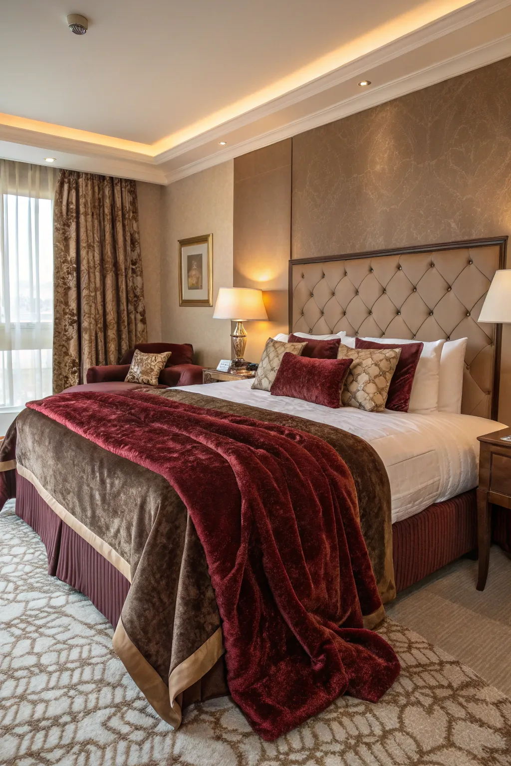 Luxurious bedding adds opulence to the hotel room.