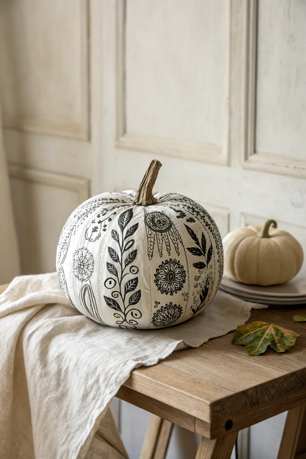 Transform your space with this monochrome decoupage pumpkin, where minimalist elegance meets boho charm.