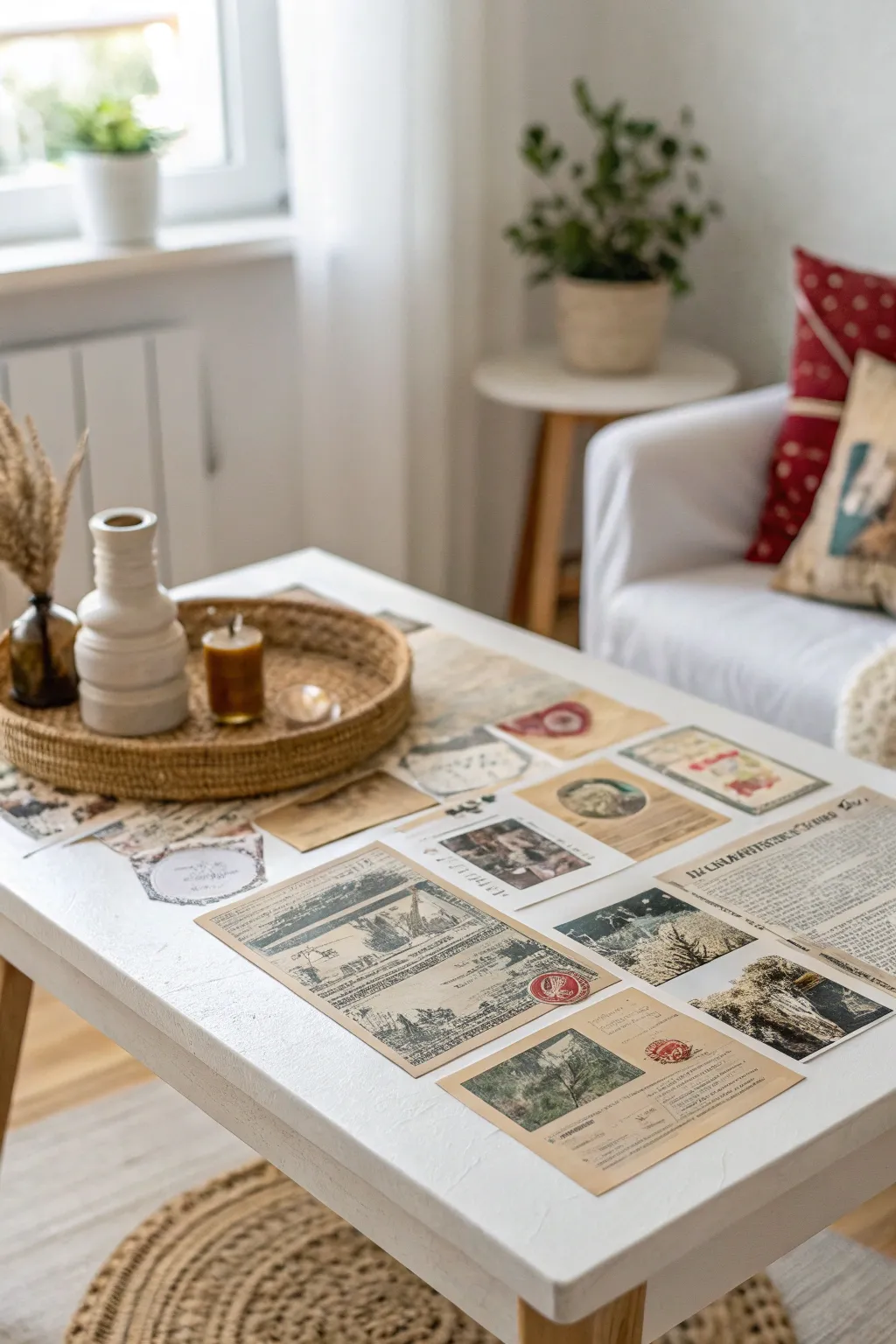 Embrace nostalgia with a timeless vintage decoupage tabletop, where old postcards and newspapers tell captivating stories.