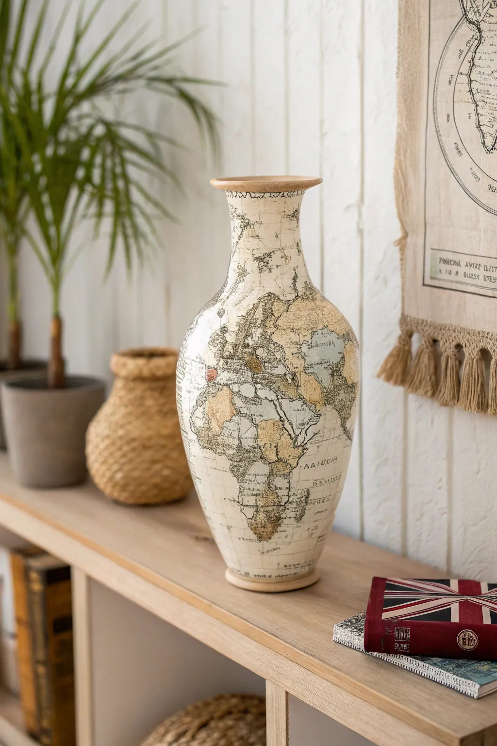 Embrace nostalgia with a vintage map decoupage vase, a chic nod to your roots.