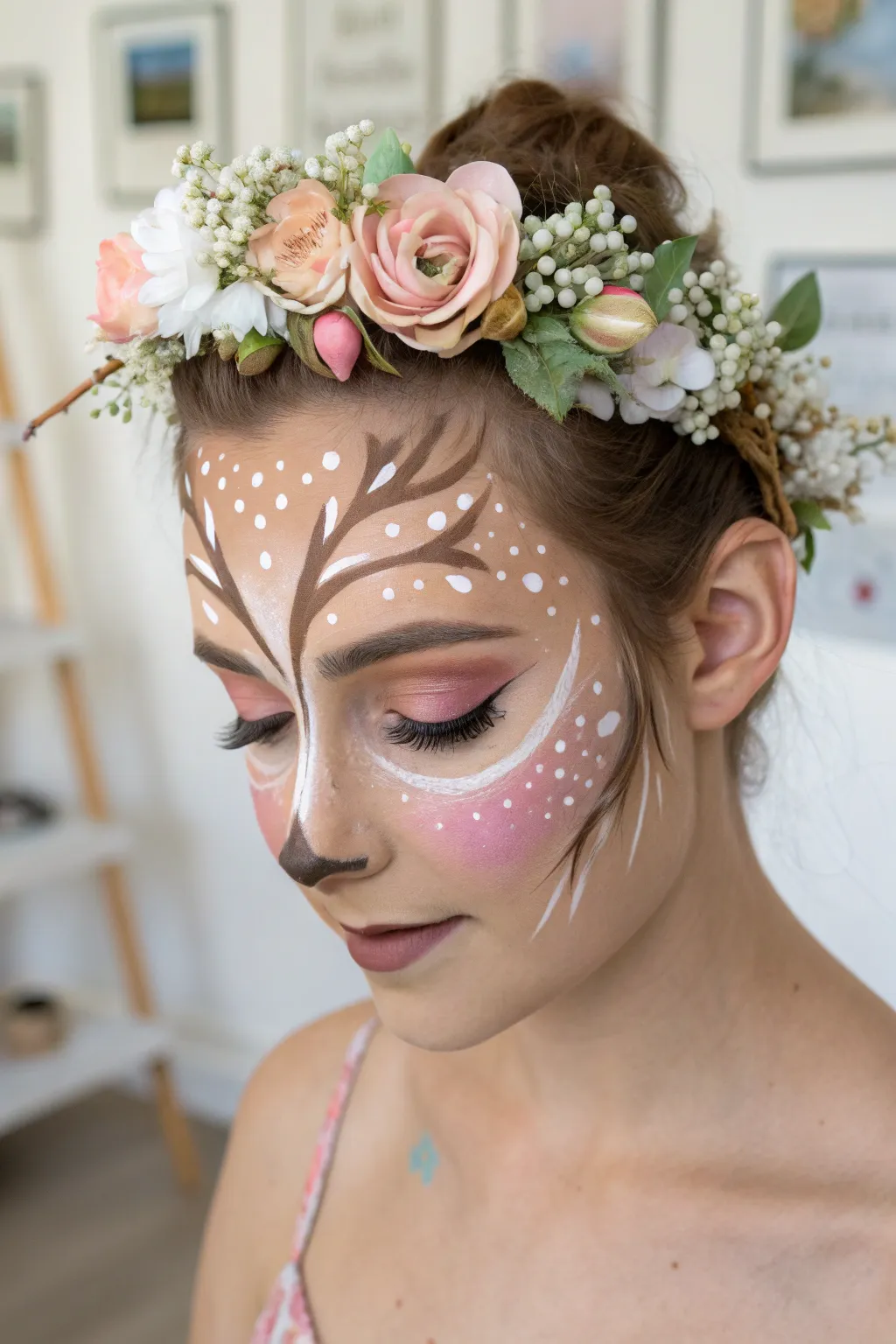 Embrace the magic of nature with a whimsical deer face paint and a delicate flower crown.