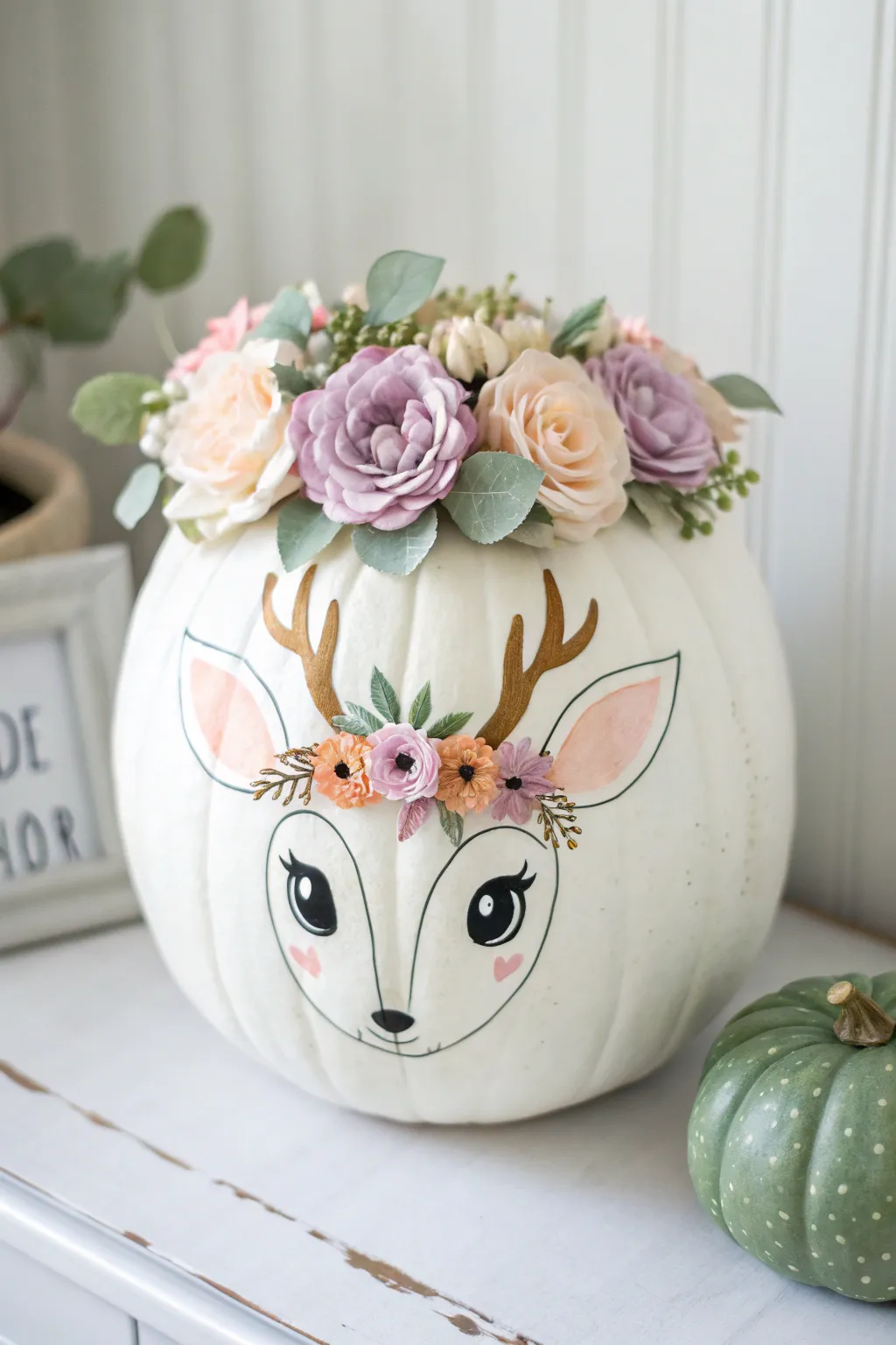 Embrace natural elegance with this charming Floral Crown Deer pumpkin design.